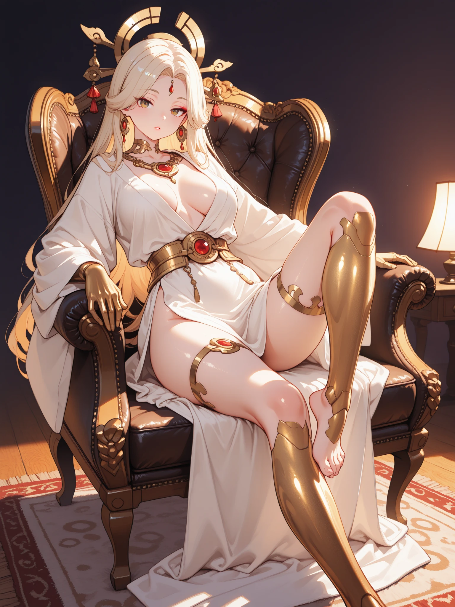 Tall, leggy, overall curvaceous figure while still being fit. Extremely large breasts, flat stomach. Hair braided to one side, and this braid is longer than she is tall. Has a pair of horns on her head curving upward from above the ears, initally bowing out but then turning inwards. Just above the inward curve, the horn contour turns sharply outwards, coming to a sharp point with a subtle up-curve somewhat after. Wearing, presently, numerous pieces of jewelry including decorative rings from the horns, multiple bracelets, multiple anklets, and a thigh band. For clothing, platform shoes with high heels and sandal-style straps, a top that is quite similar to a very tiny apron and threatens immodesty without actually failing to cover what must be covered, paired with what is difficult to see at the angle of the reference image but can be presumed to be a thong-type bottom with minimal material. looking at viewer; seductive anime girl; seductive look; sexy pose; full body; (full body shot:1.1); beautiful detailed eyes; beautiful detailed girl; curvy:1.1; dynamic pose; fashion clothing with diverse colors; perfect eyes; perfect face; perfect retina; perfect hands; perfect fingers; perfect feet; perfect toes; ultra detail face; ultra detail hair; very detailed eyes and face; ambient occlusion; cinematic lighting; field of view; fluid motion; harmony; interconnected elements; movie lighting; photorealistic lighting; realistic shadows; (vibrant colors:1.05); vivid lighting; warm and cool color palette; (nsfw) Not Safe For Work; amazing; solo; trending on artstation pixiv; 8k wallpaper; best quality; CG; detailed painting; fine detail; (High Quality:1.4); high resolution; huge file size; illustration; Intricate Details; masterpiece; (photorealistic:1.4); professional artwork; (raw photo:1.2); reflective art; sharp focus; super detailed; unified; very detailed; extremely detailed artgerm; owari al; owari\(azur_lane\);