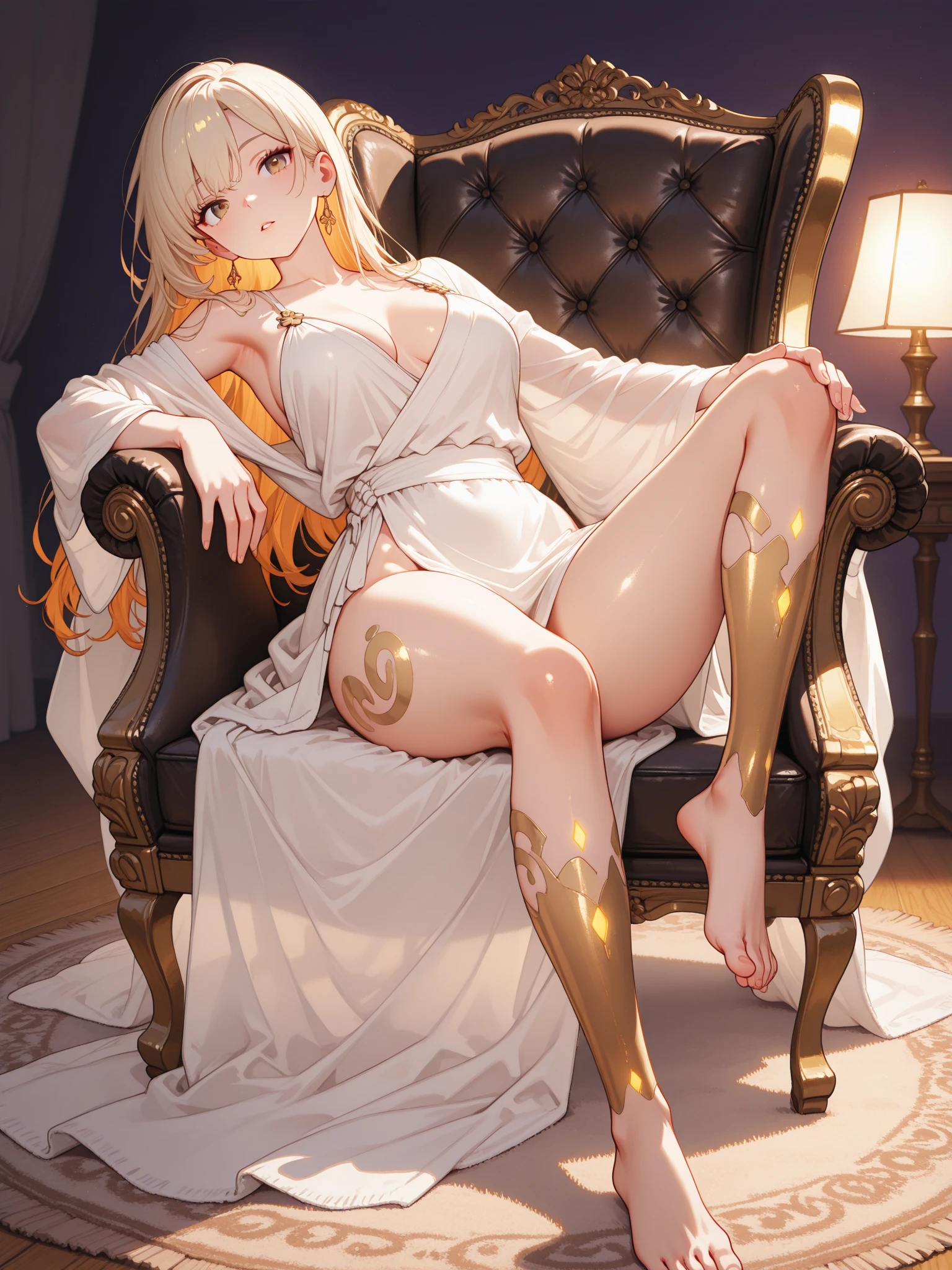 Adult woman with long white hair, dark skin, huge breasts and red eyes,Bare arms,gold tiara,necklace,Gold ornaments,white evening dress,cleavage,Bare Legs,sandals,White Rose,desert,River Water