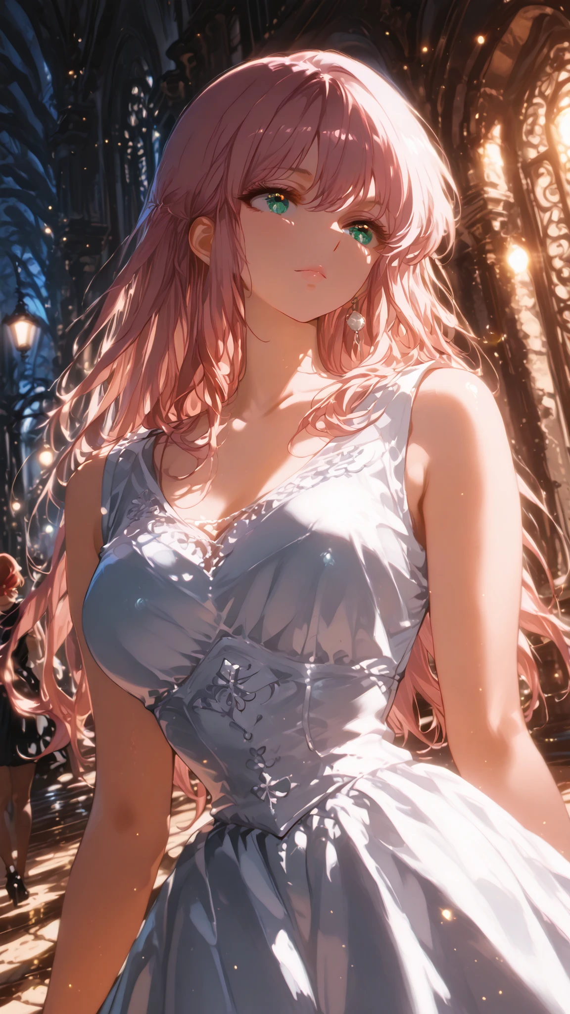 The young woman in the photo has a charming and delicate appearance. Her wavy hair is a light pink, which adds a soft and vibrant touch to your image. Her green eyes are bright and expressive, standing out against the background of the photo. Her body is slim and elegant, with breasts of a remarkable size that add a sense of femininity to the look.

Your skin is a shade as white as snow, contrasting with the rosy cheeks that suggest vibrant and youthful health. The lips are reddish and seductive, complementing the overall look of your expression.

The white dress she wears has a simple design., yet elegant. The dropped sleeves give a romantic touch, while the high hoop on the dress adds an element of sophistication. Small details in the shape of golden dots are scattered throughout the dress, with just 20 subtle balls that, although they don&#39;t attract much attention, add a touch of discreet and refined shine to the outfit. The combination of these elements makes the young woman look both modern and charming.. The white dress doesn&#39;t show her fair skin, hides the curves of your body, showing her as a young woman who likes to be reserved.