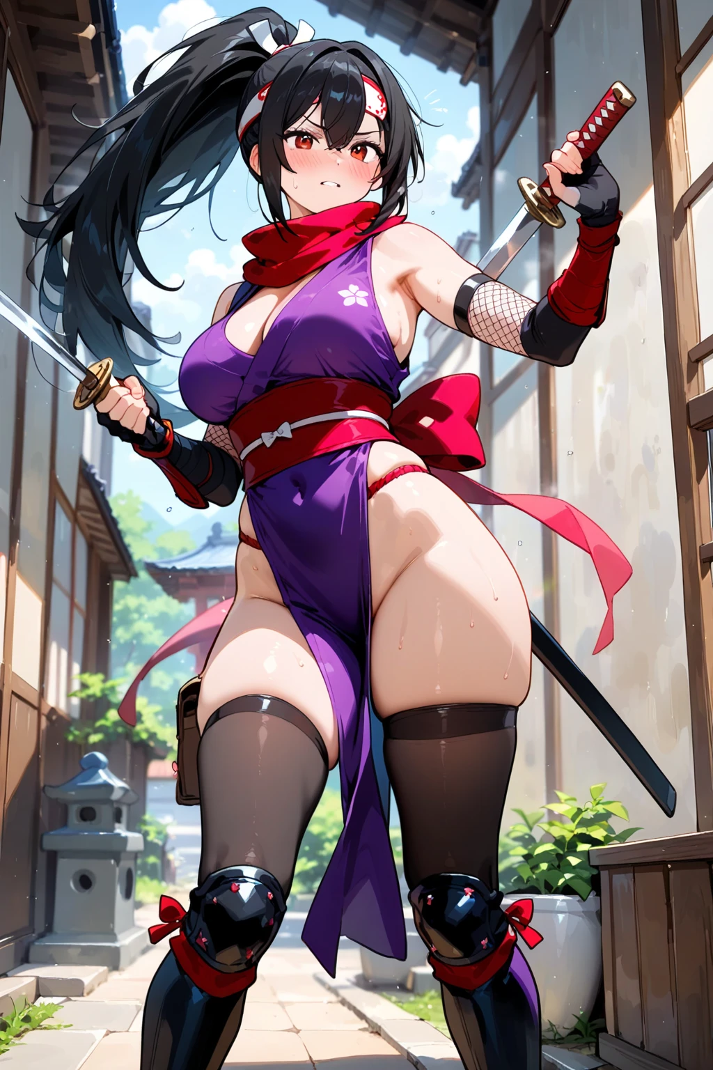 masterpaintings,1girl huge large breasts,solo,Long purple hair,a horsetail,disheveled bangs,Female ninja,Large breasts,Purple pupils,blush on,With his mouth open,Cocked buttocks,Shoulders exposed,Expose your back,Expose the breast,exteriors,废墟,