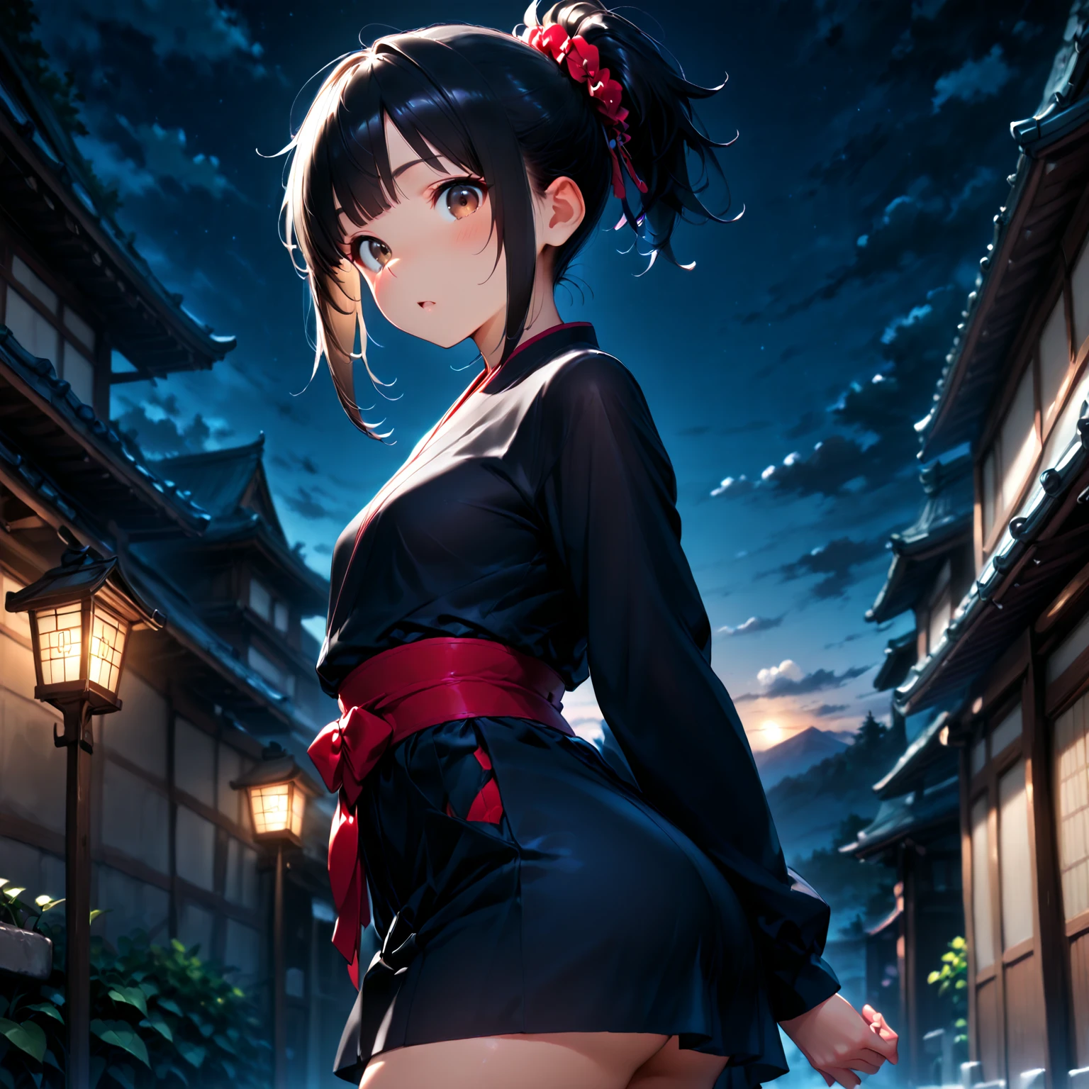 Masterpiece, highest quality, high resolution, super details, bbmako, long hair short hair, ninja, green eyes, black hair, ahoge, fore head protector, black scarf, Ribbon, black bra, short kimono, sash, fingerless gloves, socks, sandals, night, outdoors, wood, standing, arm _ back _ head, arm s