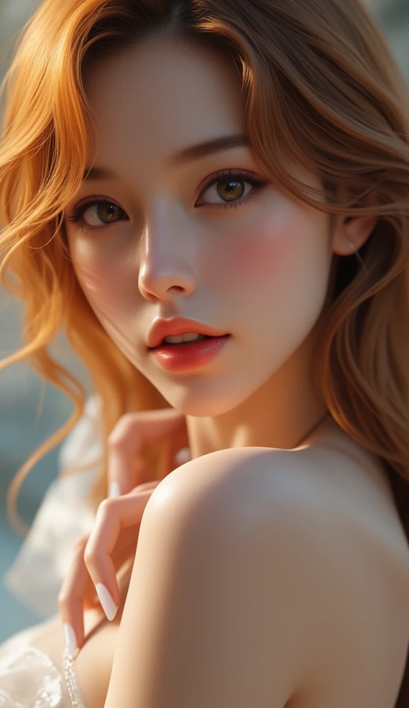 4K, UHD, Masterpiece, 1 woman, perfect body, Good page., long hairมาก, ((white skin)), red dress, bare waist, Fuji Color, window, depth of field, Ray Tracing, Ultra Realistic Details, Attractive poses, She has a slim, beautiful, and delicate face.., sharp eyes, long hair, responsive face, high nose, and thin lips, Her skin was white and radiant.., She has light brown hair.., And her figure was slim and slightly muscular.