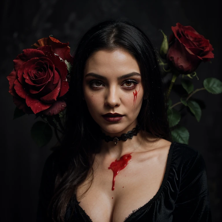Relistic photography of a woman lying on a bed of blood with a rose garden in the background, Horrible background, horror!! Highly detailed, cursed images, still from animated horror movie, Gapmoe Yandere, Laying on roses, Detailed digital art, Her eyes bleed intensely