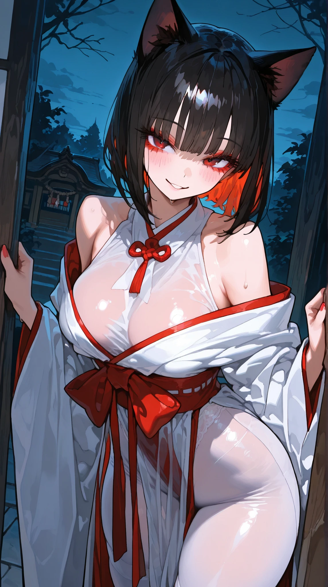 Masterpiece: 1.3, 1 girl Japanese ((25 years old, she is ????? And without clothes, huge breasts, long bright black hair And with oblique bangs, beautiful face, perfect model body, big Foss ears, Nine fose tails, bright red eyes: 1.4, lustful face looking at the girl: 1.2, japanic subject matter in the background at night: 1.1, beautiful and energetic atmosphere: 1.2)