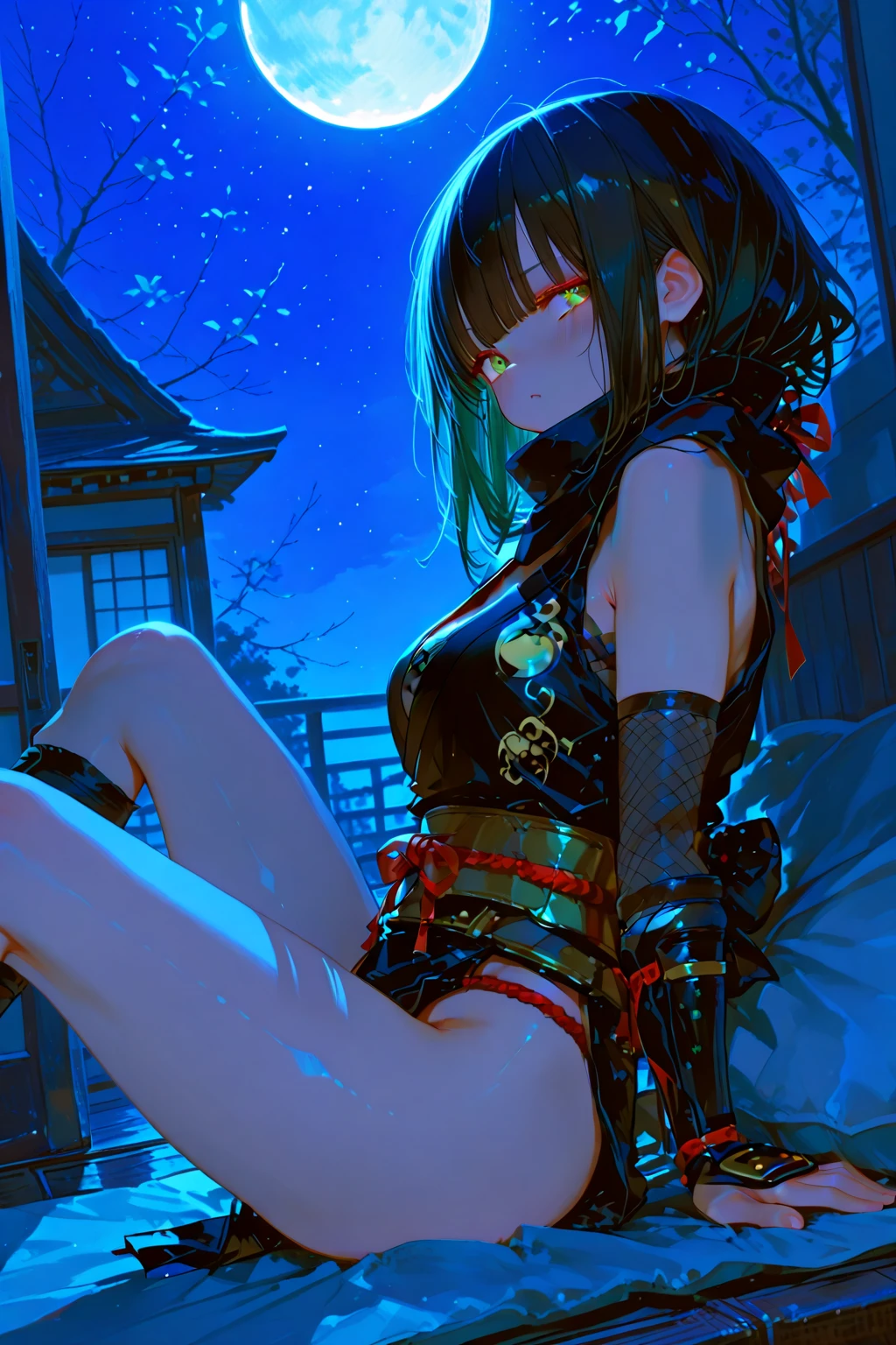 Using a laptop、Beautiful Face、Beautiful legs、Black Hair、On the roof、full moon,neon.hoodie,Sitting、IT Engineer、Building district、Landscape、rooftop,`Dangling legs
