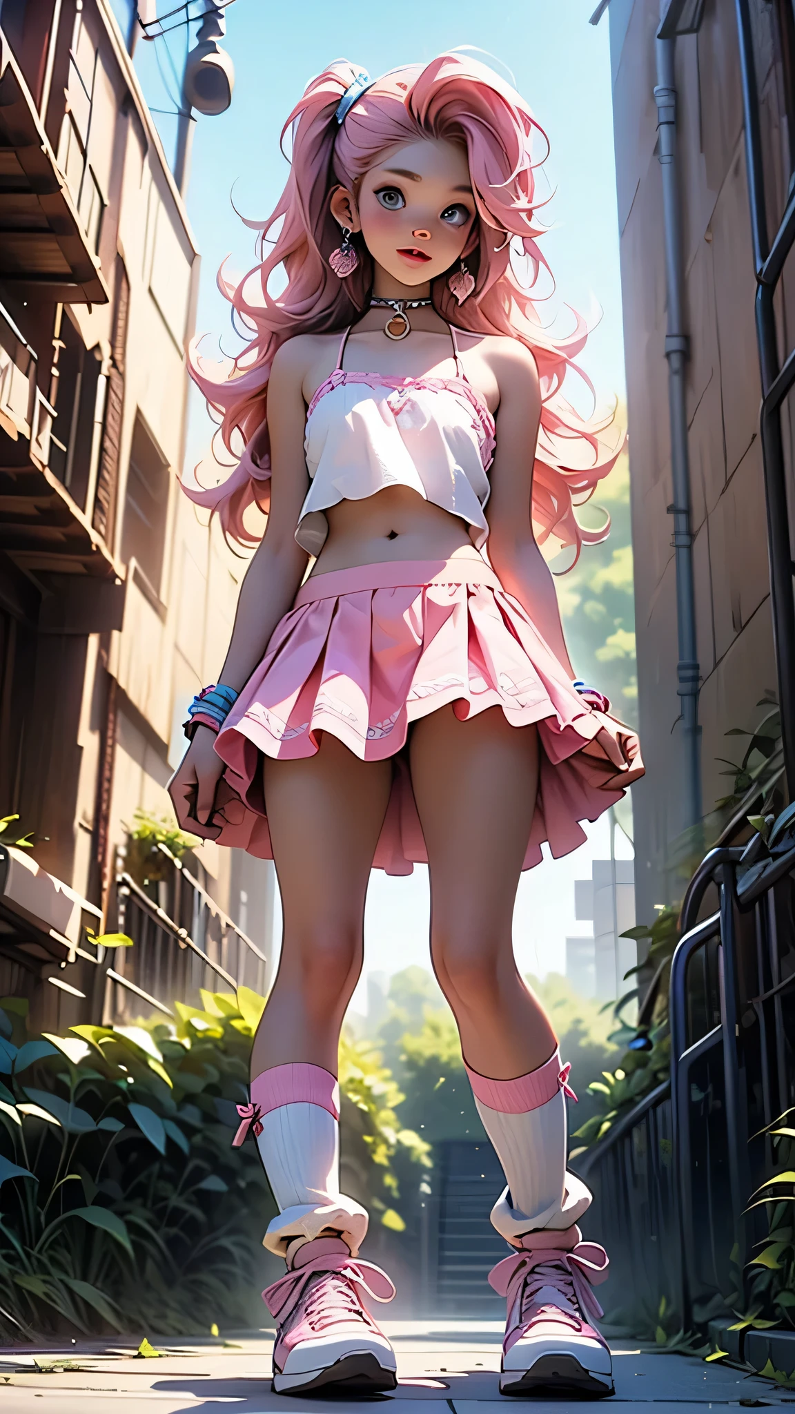 One Barbie, ((Full body)),8th class, Blue eyes, Smiling face, Hair loss swaying in the wind, Hip Hop Singer Pose, Dressed in hip-hop style,PINK Bikini,swarovski,pasties,With a pink bow on the arm, Fashion, Extremely high quality, high details, 8K, clean back ground, in studio, ((Full body shot)),Align your fingers neatly,Accurate Hand Modeling,wave her hand,Street of West Coast Beach