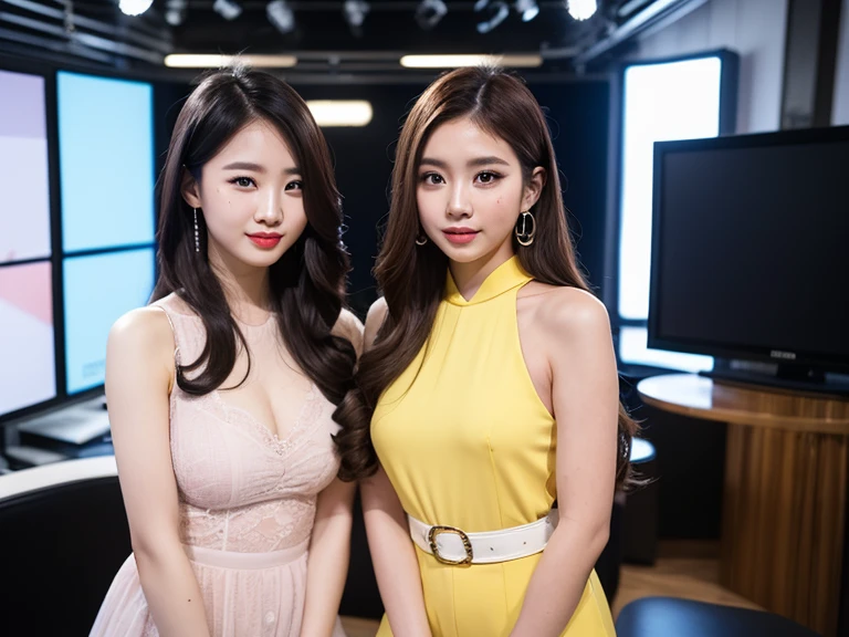 ((super high quality、High resolution、masterpiece、 Anatomically correct、Super detailed photos、Ultra-realistic photos、 Highest quality))、(3girls)、looking at viewer、studio lighting、(portrait))、(from front:1.2)、(big breast)、Small waist、Detailed face、Perfect figure、Three girls holding each other close、 ((Female announcer:1.2))、Television studio broadcasting the news、Cleavage、((news caster))、((sleeveless business shirt))、