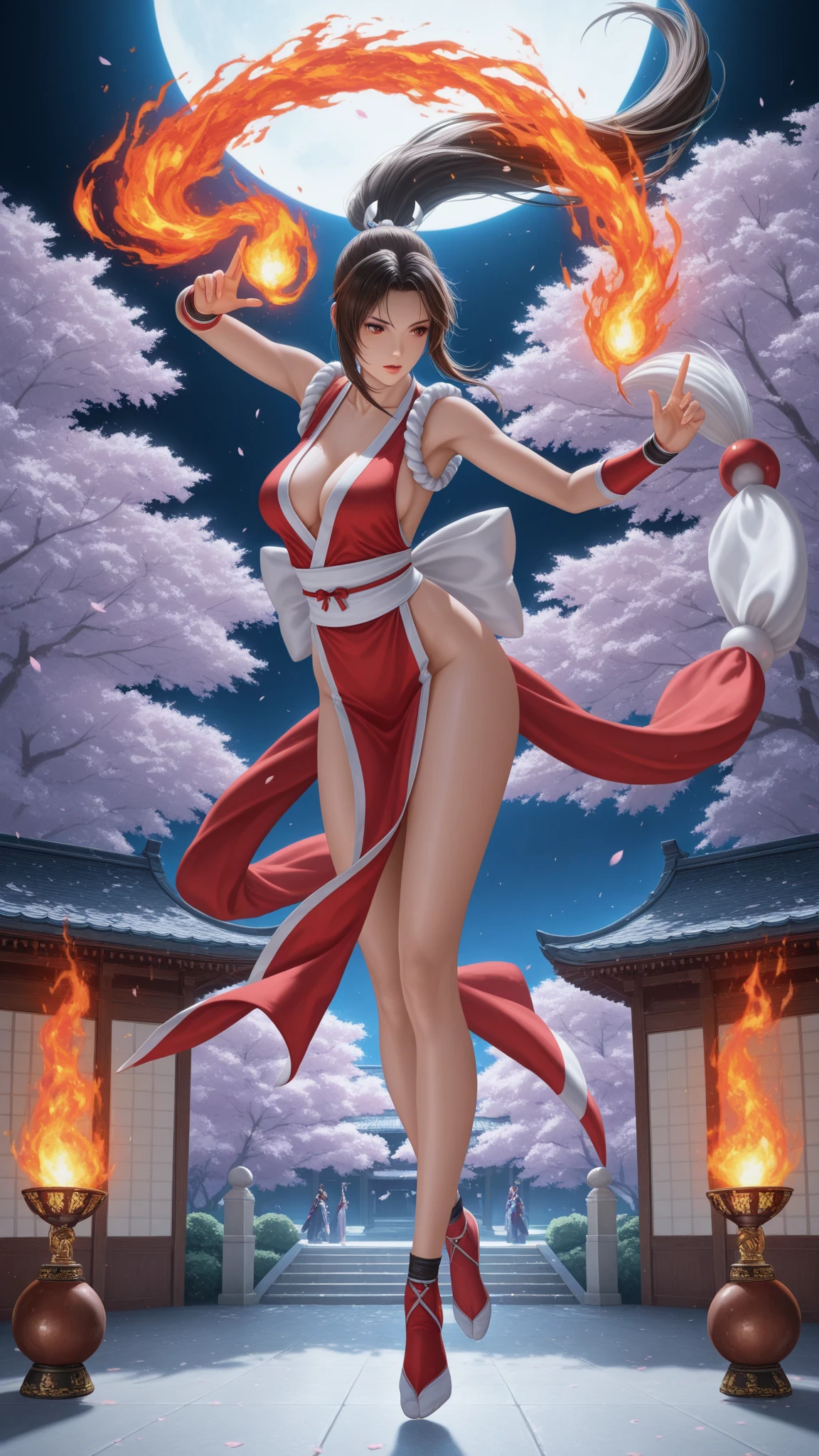 (best quality,ultra-detailed,realistic:1.37) 1girl, solo, Ryuko Matoi, mai shiranui from the king of fighters, beautiful detailed eyes,beautiful detailed lips,smiling with happiness, 25yo, Japanese mature female, wearing a red short kimono, cleavage, matured face, blushing, joyful expression, dynamic pose, big breast, big hips, full body view, big body, thick, (Curvy:1.35), ((Master piece)), best quality, perfect bodies,beautiful detailed eyes, extremely detailed face, perfect lighting, short black hair, grey eyes