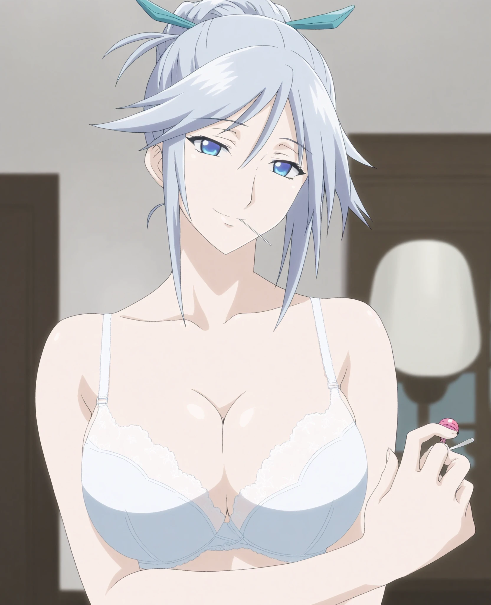 Masterpiece, 16K high quality photo, super detailed, top quality, perfect anatomy, (Photorealistic: 1.4), (Chris)
), 1 girl, (1 girl, solo, short hair, beautiful breasts), white hair), purple eyes, smile, scarf, earrings, jewelry Looking at camera, (bra: 0.5, white lace) )), beautiful cleavage, hard chest. Big breasts: 1.8, beautiful and smooth, big butt: 1.6, wide hips: 1.6, (T front panties: 0.9, high leg: 1.9, white lace), (with pussy, real), forward (excited) pose, lying down, legs up (opens), (pulls panties with hand), bedroom background,