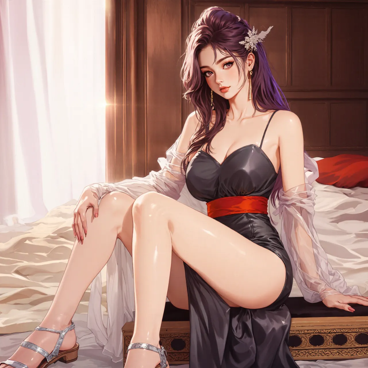 (masterpiece, best quality), 1girl, beautiful face, purple red hair, short hair, bangs, torn clothes, torn legwear, black dress, black stockings, solem, stoic face, itricate details, dark atmosphere,