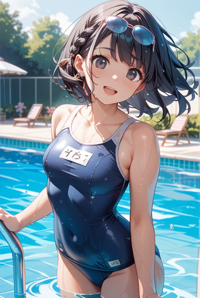 very cute and beautiful girl,(highly detailed beautiful face and eyes),(blue school swimsuit),sweat,wet, sitting,spread legs,(pool side),summer,countryside,grassland, (seductive smile),blush,looking at viewer,black hair,cowboy shot, (best quality,masterpiece),absurdres,highres,ultra-detailed,extremely detailed,32k, cinematic scene,detailed background,solo,dynamic angle, hair fluttering in the wind,beautiful detailed sky,