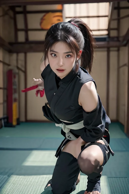 A beautiful, strong-looking kunoichi with black hair.、Black ninja outfit、scarf、Equipped with a kunai、Upper Body、Shinobi costume with slits、Ninja sword on his back