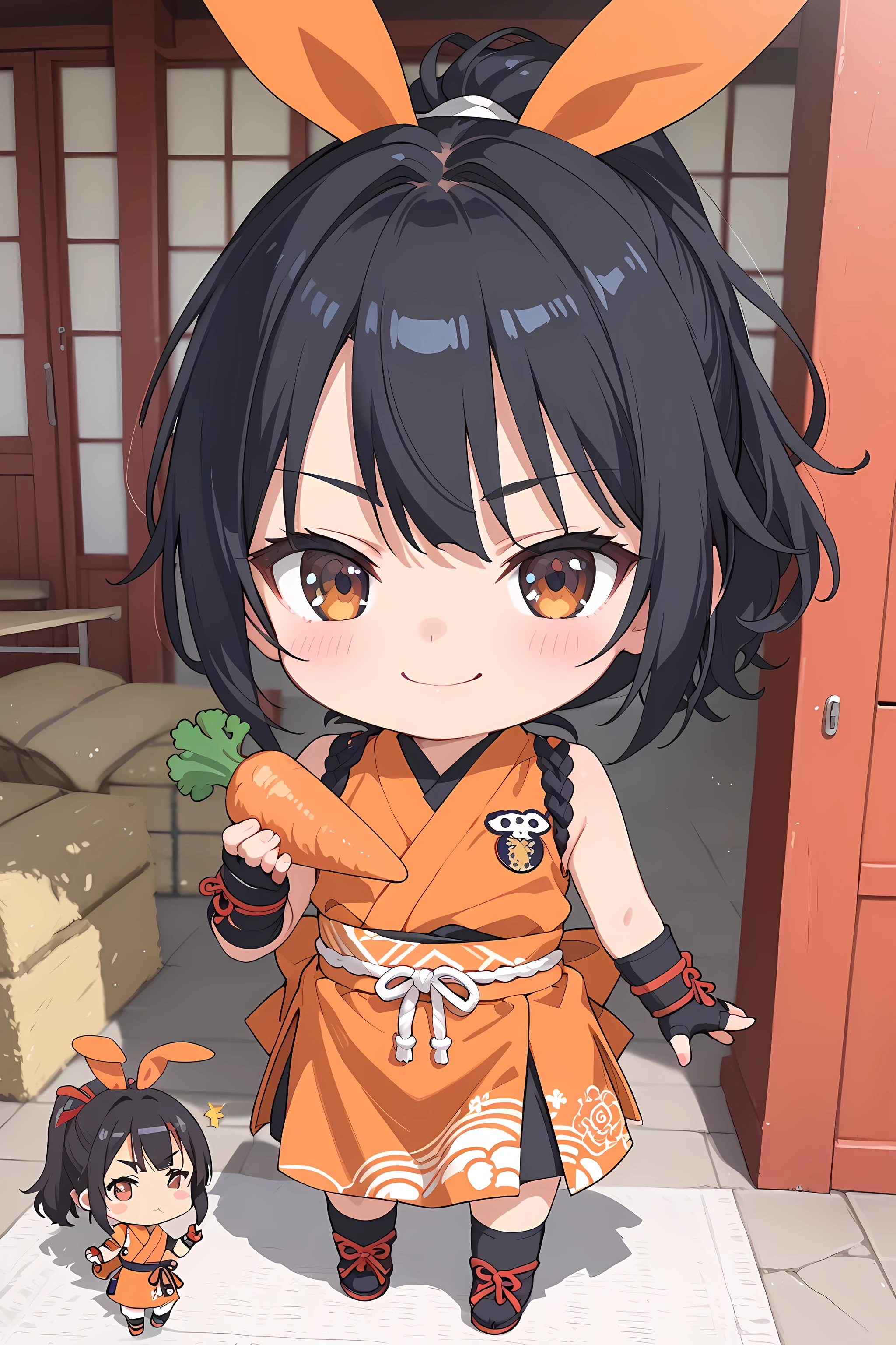 score_9, score_8_superior, score_7_superior, masterpiece, best quality, absurdres, high_fidelity, vibrant, sauce_anime, (rating_explicit:0.7), masterpiece, Highest quality, Adorable, 1girl, solo, (chibi:1.5), black hair, high ponytail, jyojifuku, Orange costume, kimono, kunoichi, ninja, sleeveless, gloves, thighhighs, blush stickers, holding carrot, smug, dynamic pose, BREAK, outdoor, traditional Japanese rustic farmhouse, Rabbit, backlighting, from above