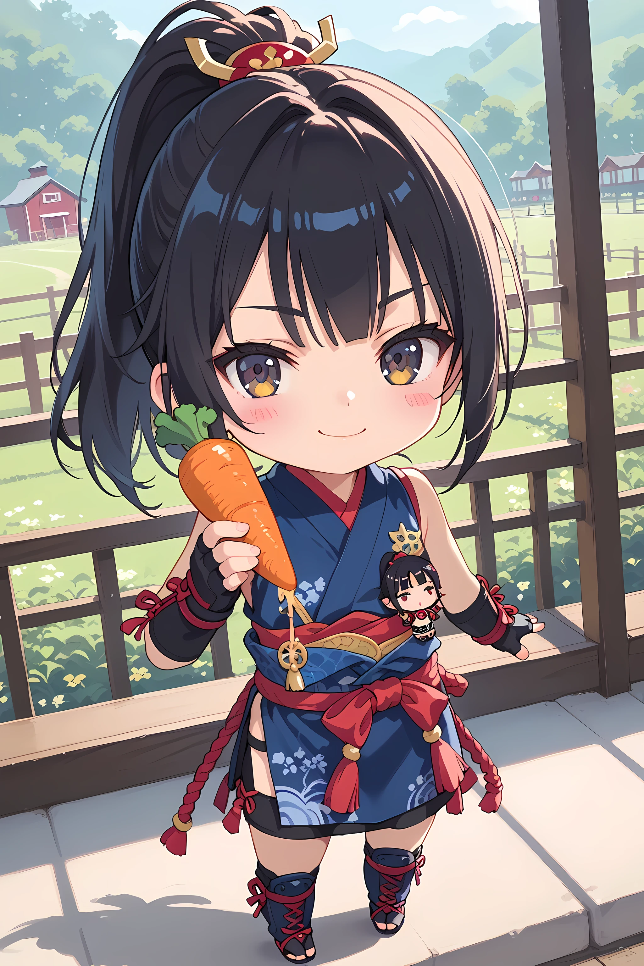score_9, score_8_superior, score_7_superior, masterpiece, best quality, absurdres, high_fidelity, vibrant, sauce_anime, (rating_explicit:0.7), masterpiece, Highest quality, Adorable, 1girl, solo, (chibi:1.5), black hair, high ponytail, jyojifuku, kimono, kunoichi, ninja, sleeveless, gloves, thighhighs, blush stickers, holding carrot, smug, dynamic pose, BREAK, outdoor, traditional Japanese rustic farmhouse, Rabbit, backlighting, from above