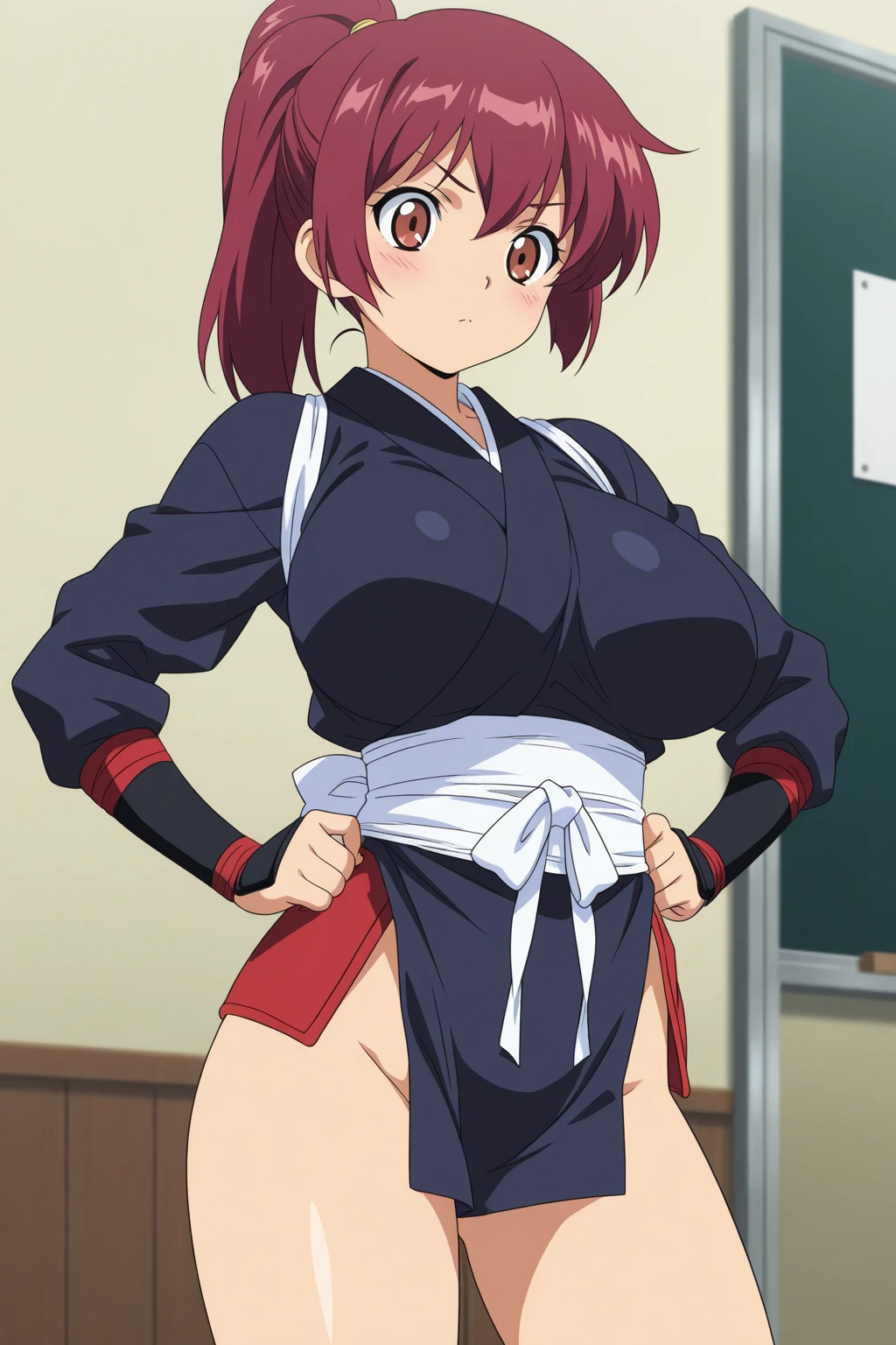 masterpiece, best quality, beautiful art, high resolution, well formed hands, body and fingers, 1 woman, solo, Chizuru Minamoto, 31 years old, hair ornament, adult, grown up, big breasted, cleavage, full body, braided long hair, blue_japanese_clothes, wearing DOA Kasumi's blue kunoichi dress, sexy and skimpy japanese clothes, kimono peek, sleeveless, panties peek, white stockings, gorgeous legs and thighs, she is doing exercise in the beach, seductive face, warming up, working out, sexy and captivating training, smiling joyfully and happily , looking at the viewer, , sweating , bouncing breasts, training montage session, beach environment