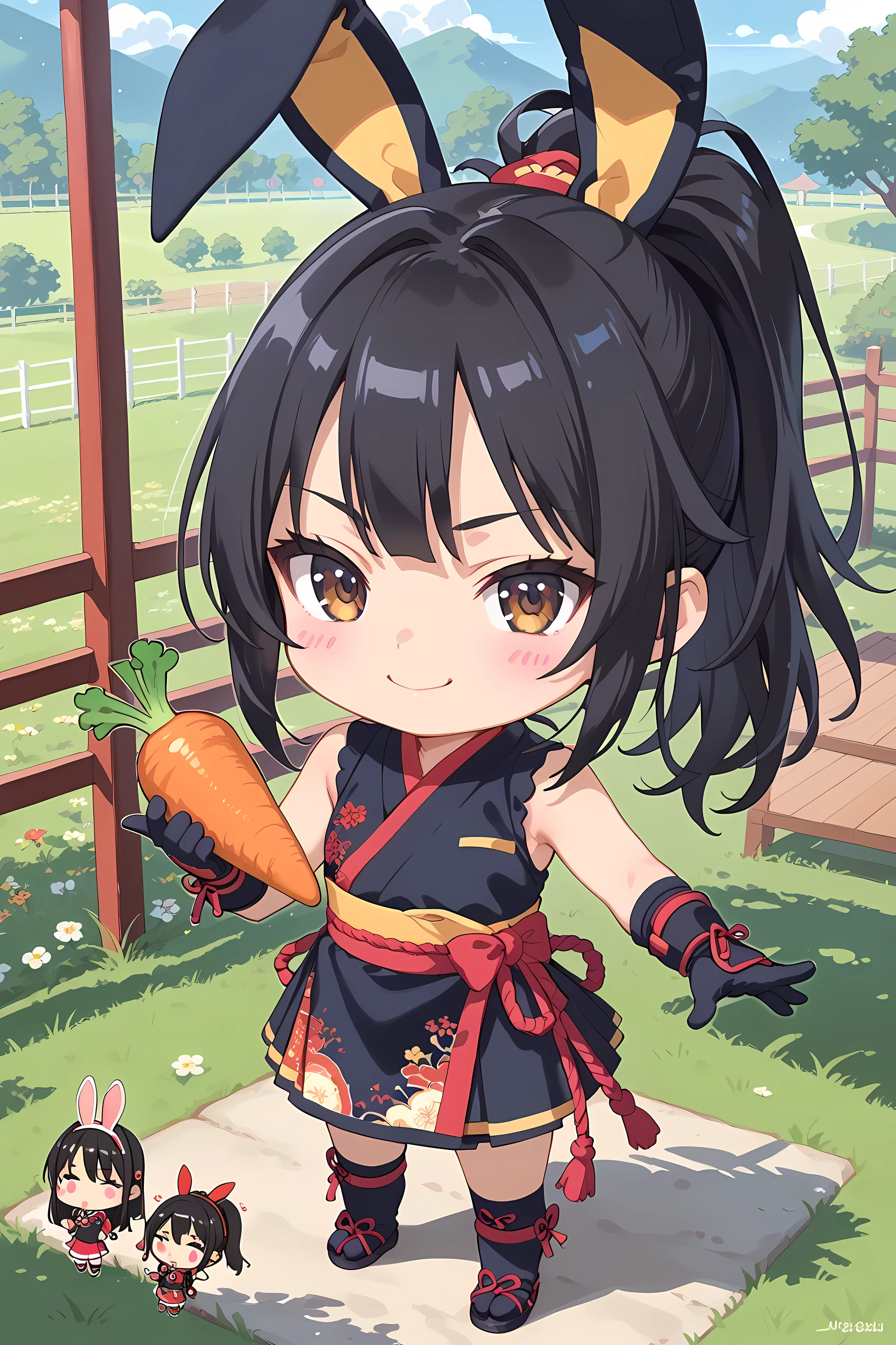 score_9, score_8_superior, score_7_superior, masterpiece, best quality, absurdres, high_fidelity, vibrant, sauce_anime, (rating_explicit:0.7), masterpiece, Highest quality, Adorable, 1girl, solo, (chibi:1.5), black hair, high ponytail, jyojifuku, kimono, kunoichi, ninja, sleeveless, gloves, thighhighs, blush stickers, holding carrot, smug, dynamic pose, BREAK, outdoor, traditional Japanese rustic farmhouse, horse in grassland, Rabbit, backlighting, from above