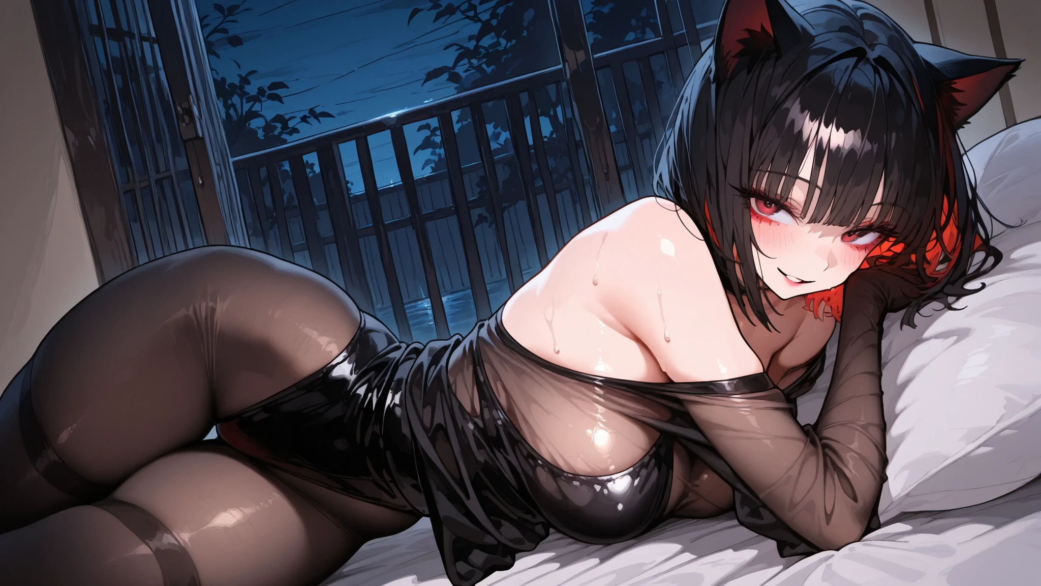 1girl,large breasts, wolf girl, wolf ears, short hair, black hair, yellow eyes, sexy, solo, bat ornament, slingshot swimsuit, parted lips, night, , black choker, spread legs, bare arms, ass