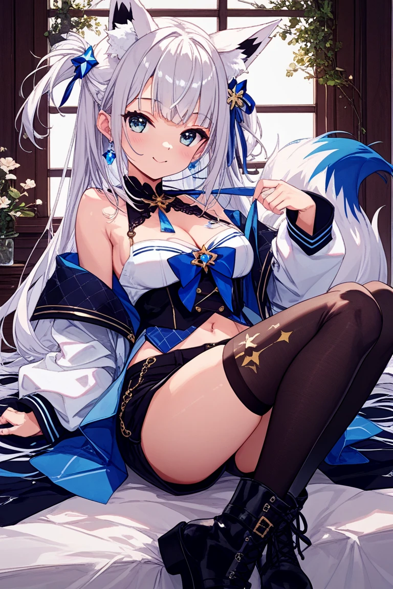 ((Highest quality)), ((masterpiece)), ((Very detailed)), (Very mature),A cute, gentle-looking female high school student with black hair and a height of about 165cm.，A female high school student with a cute smile and small breasts wearing a transparent blue waifus with a cute patterned hood and bare shoulders, A gentle woman with a slightly long vertical face，Small Faced Woman，alone, Cute attitude,(background(bright)，Long Hair - Straight，Knee-high socks、A transparent blue veil with a cute pattern and white hood with off-the-shoulder sleeves，White wall、Sitting、Facing the viewer、縁に模様がある壁が1面のbackground