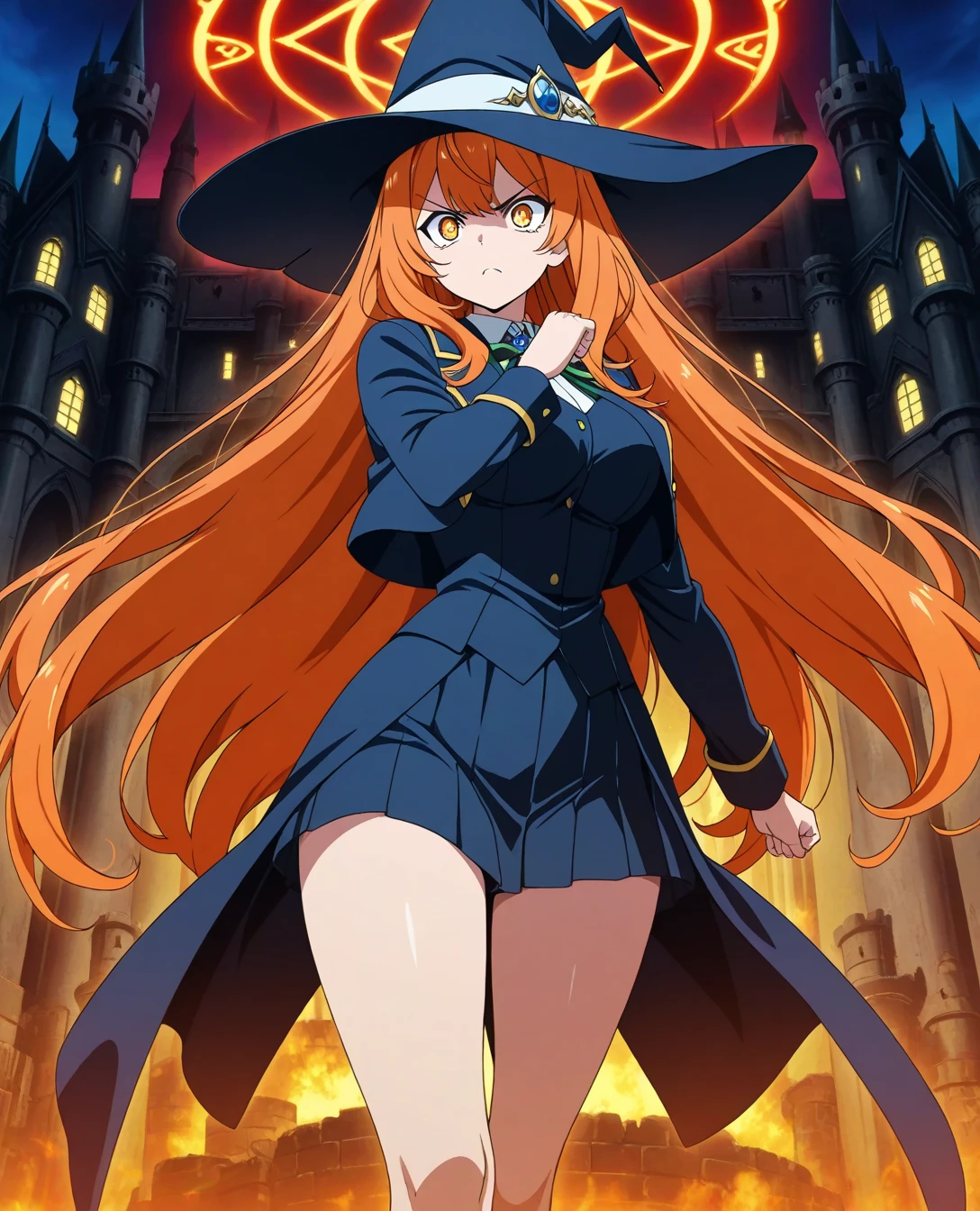 ultra-detailed, Explicit, Beautiful body, Beautiful Nose, Beautiful character design, perfect eyes, perfect face, ultra highres, 4K, beautiful legs, perfect legs, Nice hands, Perfect hand, Masterpiece, Best Quality, Highly detailed, illustration, absurdres, perfect anatomy, expressionless, blank eyes, emotionless,corruption, mind control, female combatant, full body, hypnotized, unhappy trance, full body suit, ribbed bodysuit, both arms at side, obey, perfect female body, looking at viewer, hypnosis, hypnoLora, empty eyes, Mind control device, poses, submissive_pose, Slave, standing straight, standing, Fighting Stance, standing at attention, numbersuit, two-tone bodysuit:0.9, blue bodysuit:0.9, light blue bodysuit:0.9, 1girl, solo, hair ornaments, TOPSPD, TWIN BRAIDS, long hair, orange hair, blue eyes, medium breast, witch hat
