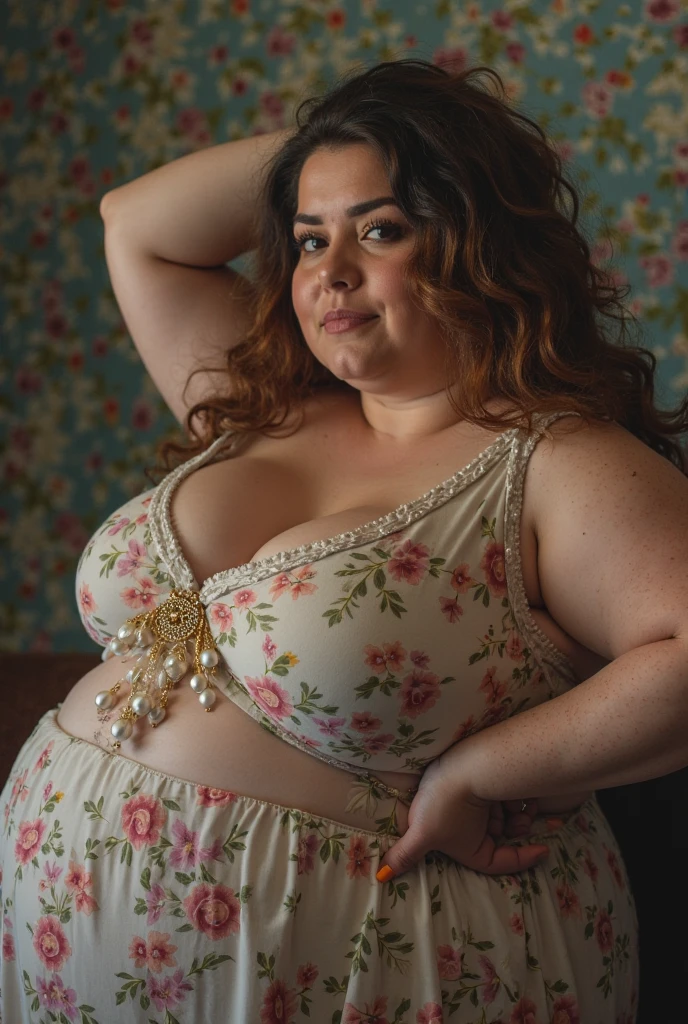 Forty-year-old woman, South American, fat and obese, shaking, terrified, screaming, crying, large fogged glasses, wearing silky shirt, unbuttoned, white low-cut, with very large flowers, dirty, white panties, brown hair, badly combed eighties curly, round face with freckles, slapped and flabby, downcast, sad look.