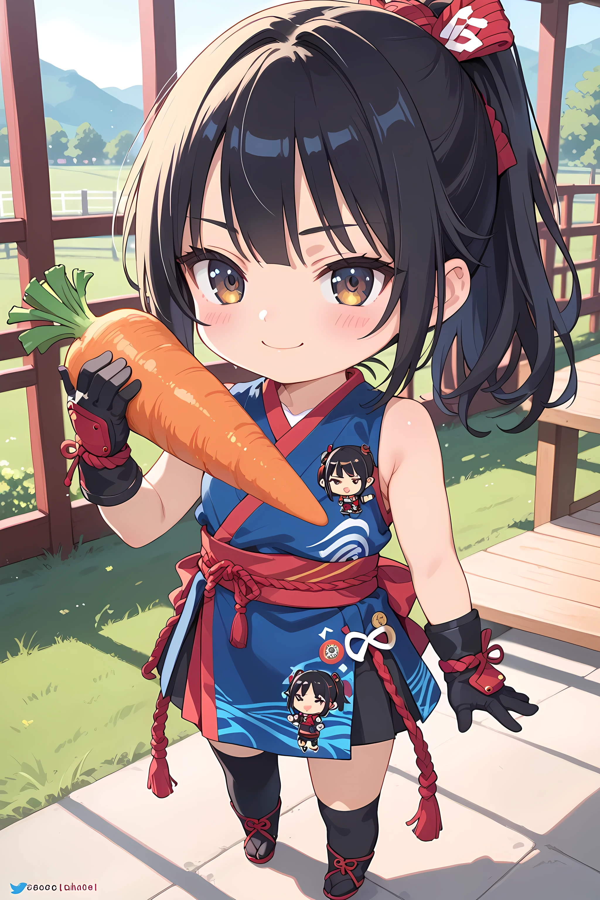score_9, score_8_superior, score_7_superior, masterpiece, best quality, absurdres, high_fidelity, vibrant, sauce_anime, (rating_explicit:0.7), masterpiece, Highest quality, Adorable, 1girl, solo, (chibi:1.5), black hair, high ponytail, jyojifuku, kimono, kunoichi, ninja, sleeveless, gloves, thighhighs, blush stickers, holding carrot, smug, (dynamic pose:1.3), BREAK, outdoor, Old Japanese farmhouse, grassland, backlighting, from above