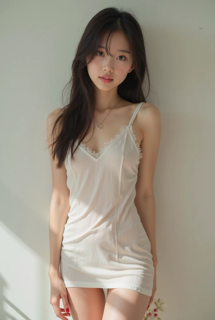camisole, sitting on bed, beautiful legs, thin, thin face, smile