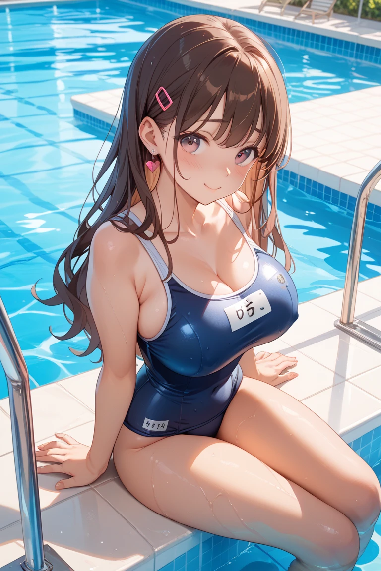 ((wear school swimsuit)), ponytail, japanese girl, 8K, ((full body shot)), huge breasts、highest quality, masterpiece, realistic, Photorealistic super detail, one girl, cute, best smile, beautiful eyes, long hair, perfect face,full body shot