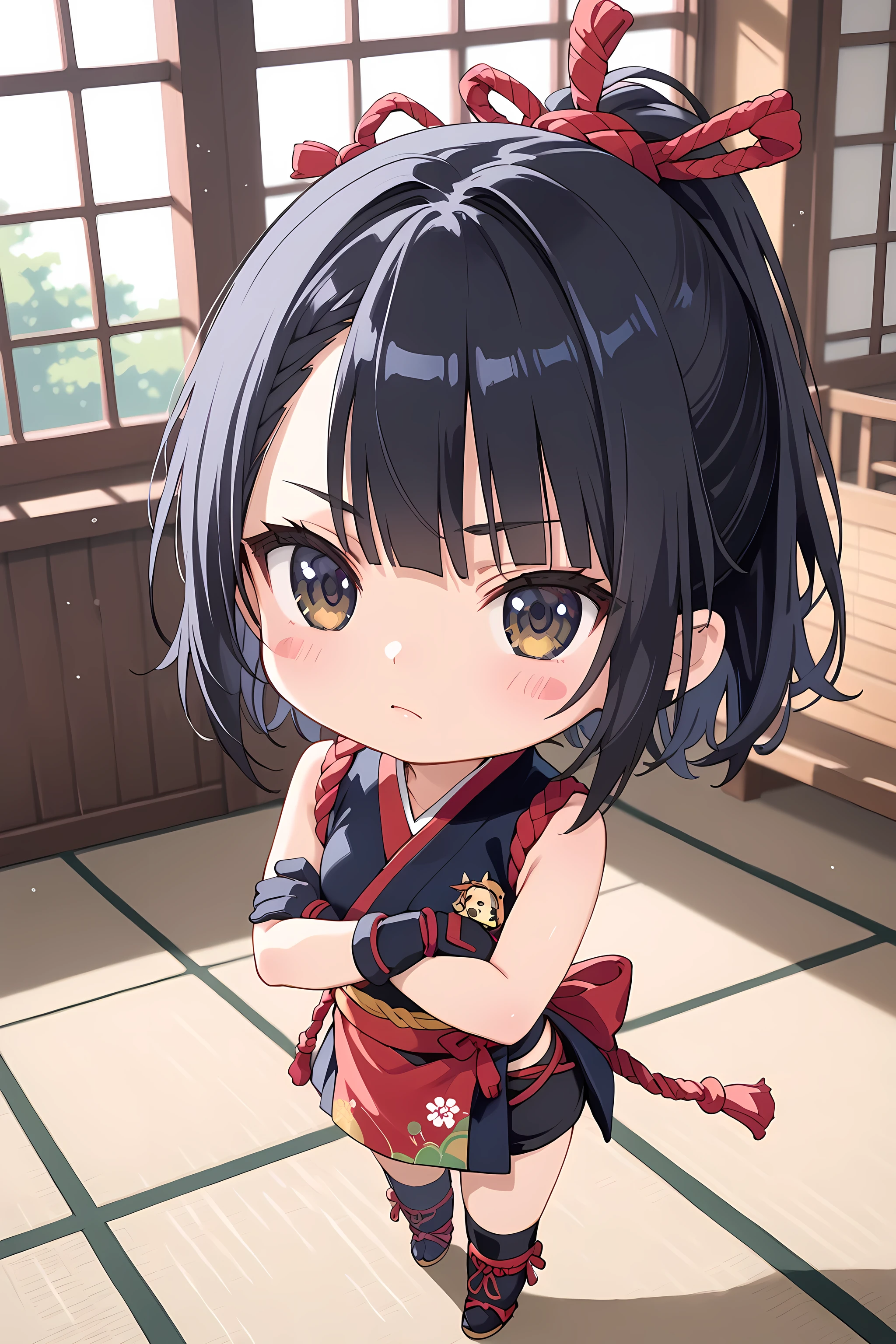 score_9, score_8_superior, score_7_superior, masterpiece, best quality, absurdres, high_fidelity, vibrant, sauce_anime, (rating_explicit:0.7), masterpiece, Highest quality, Adorable, 1girl, solo, (chibi:1.5), black hair, asymmetrical bangs, jyojifuku, kimono, kunoichi, ninja, sleeveless, gloves, thighhighs, blush stickers, disdain, (crossed arms:1.2), BREAK, Old Japanese farmhouse, light rays, from above