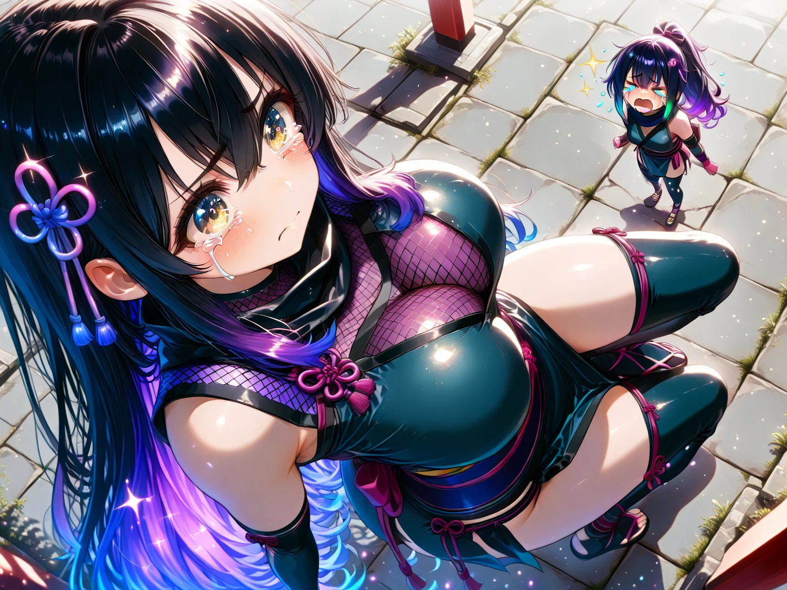 dark_skin, 1girl, breasts, dark-skinned_female, open_mouth, long_hair, shiny_skin, solo, light_areolae, blue_eyes, sweat, shiny, gloves, thighhighs, blush