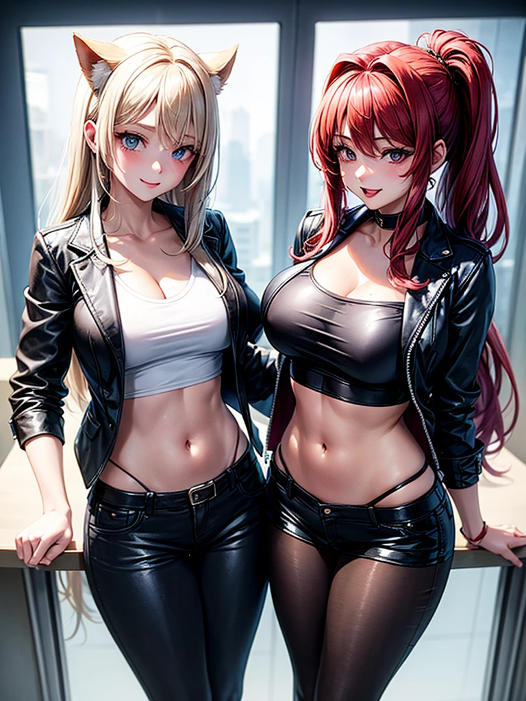 . name zoe. 20 year old teenager, beautiful angelic face. Red eyes. White skin color. height 1,70, retail physicist, large and firm breasts, Short blonde hair. Clothes, T-shirt at the height of the abdomen. tight red pants. body detail, straight and firm posture looking towards the camera