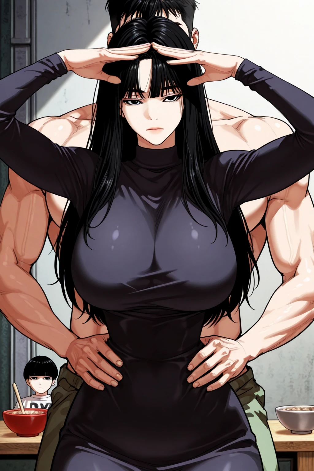 (best quality,ultra-detailed,realistic:1.37), , muscular girl with sculpted body wearing a nothing complete naked , beautiful tattoo on girl's shoulder, full review of the female character's face and body, intense expression, strong and confident posture, studio lighting, vivid colors, physiologically-based rendering, grungy texture, rugged background, dust particles in the air, commanding presence, professional, powerful, gritty aesthetics,,Valmet with her muscles body,short hair,eye patch,breast middle size،A valmet with her wife