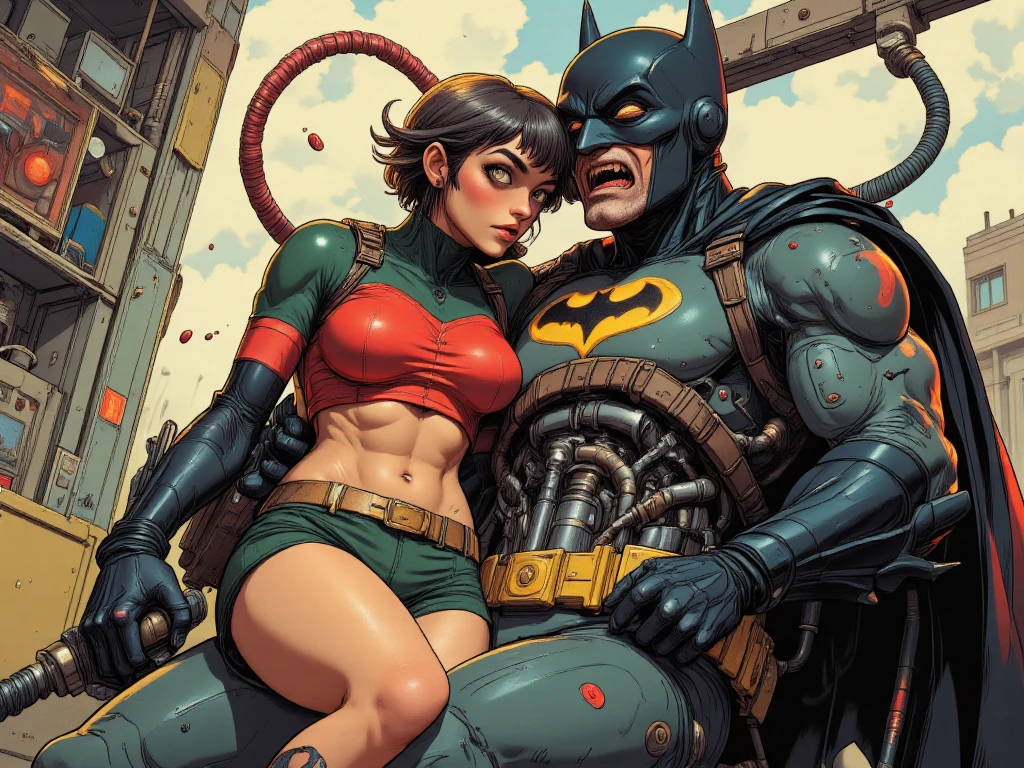 Image of a woman/Batman/Kamen Rider/Mega Man-x/Spider-Man, on a futuristic subway train, has blue mohawk hair, has a man behind him hugging her and holding her big tits1, she's looking at the viewer/smiling/holding futuristic weapons. Image with Max quality/resolution/sharpness/detail, Unreal Engine 5/Mortal Kombat, Cartoon/Anime style,
