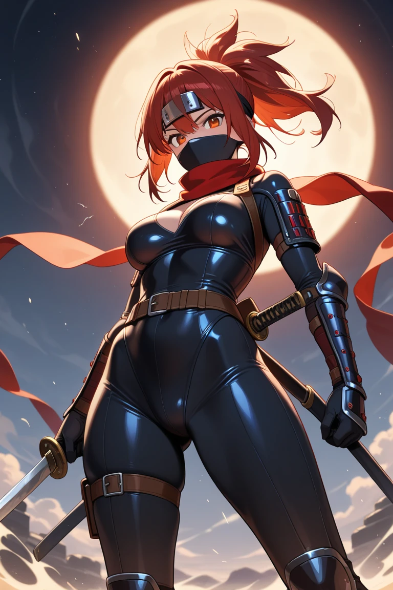 masterpiece, best quality, 1girl, solo, <lora:taki-sc-richy-v1:1> taki, red bodysuit, fingerless gloves, arm guards, shoulder armor, mask
