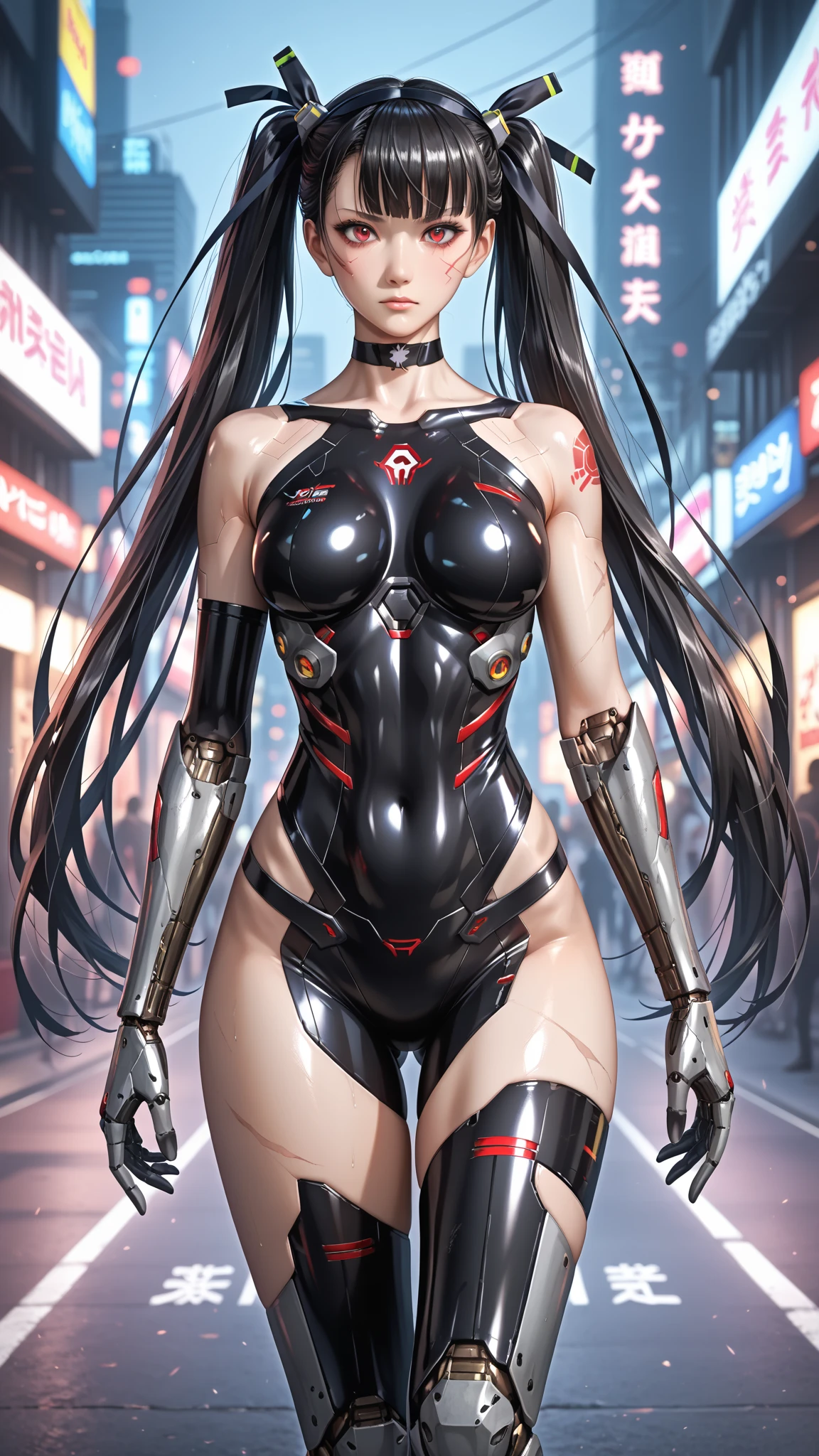 young woman, Dark blue hair, Red eyes, Goth Girl, Wearing a black Venetian, Mecha Girl, Robot Girl, Floating in the air, Robot Woman, Metals in the body, Black iron, In a cyberpunk city, 4K, masterpiece, High resolution, Anime 2D, Full Body Shot