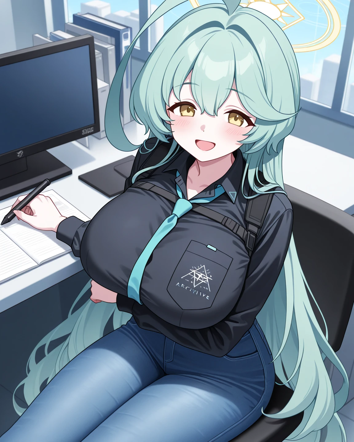 Green haired girl with a green sweatshirt with creeper print sitting in a chair looking at the computer, 18yo, big breasts, serious face, brush, long hair, breast shape mark, (two heads)