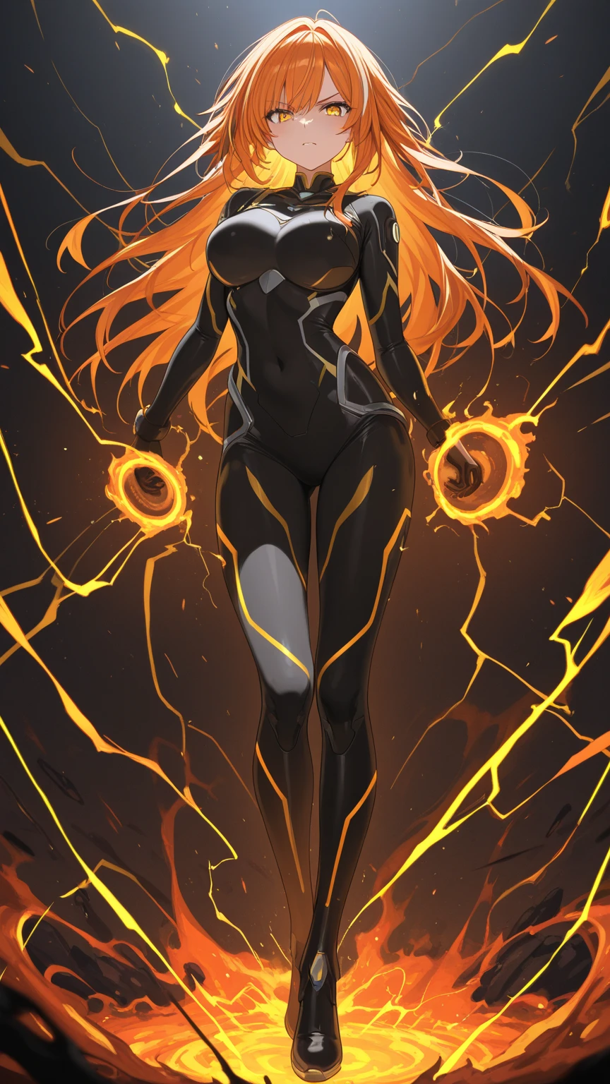 sexy, white skin, anime woman, happy, glowing green eyes, extremely short glowing orange hair, wearing a suit, big, full body