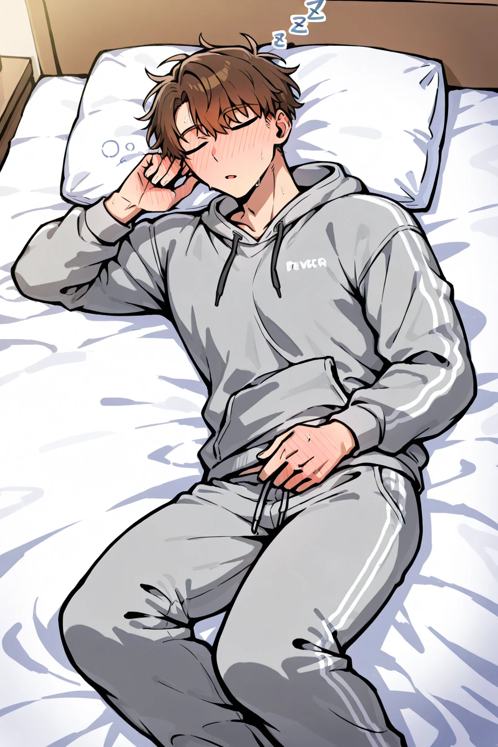 k hd,high qulity,(1 man:1.2),white short sleeve,Look at your phone in bed,Anxious expression