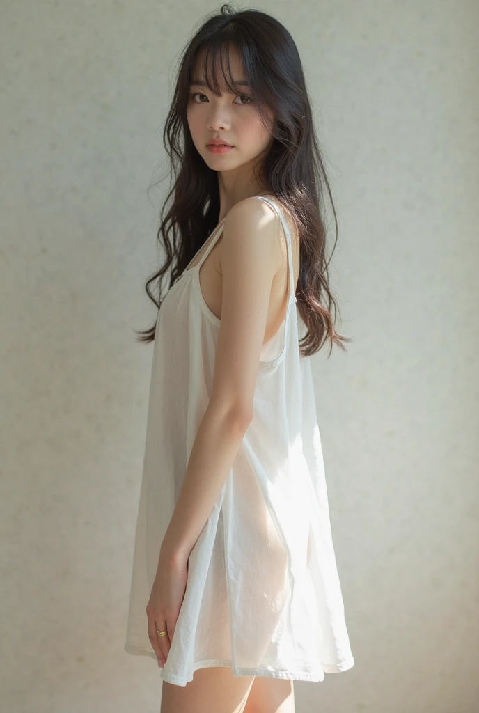 editorial photography,super detailed background,Super realistic,double exposure,depth of field,beauty super slender skinny young vides,soft focus pure tone,narrative scene,Plain color lyocell camisole,lean against the concrete wall,
