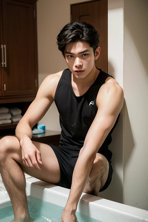 1boy, brown hair, side view, facing the camera, sexy bikini underwear, shirtless, lifted arms, sitting, spread legs, Very detailed handsome face, Heroic, Large muscles, pool background,