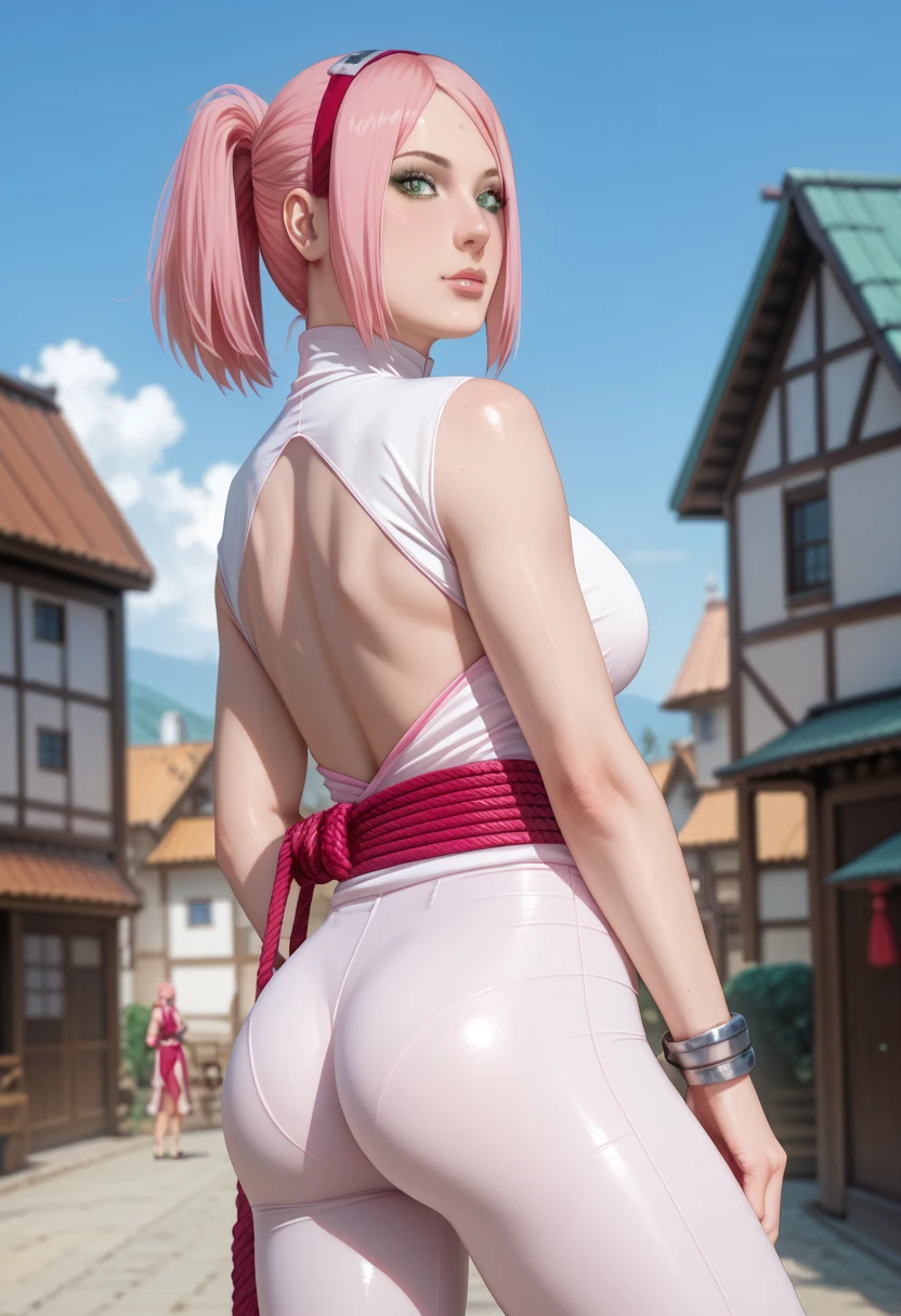 Rebecca, pink hair, big ass, big breasts, back towards viewer, smiling, braided hair, ???????,