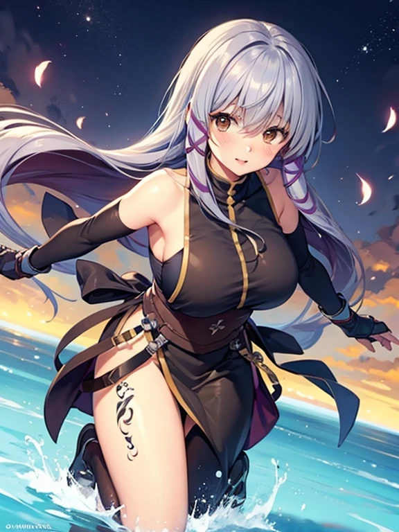 1girl, solo, large breasts, raidenshogundef, embarrassed, ;o, one eyes closed, beach, sitting, spread legs, arm up, arm behind head, armpits, from below