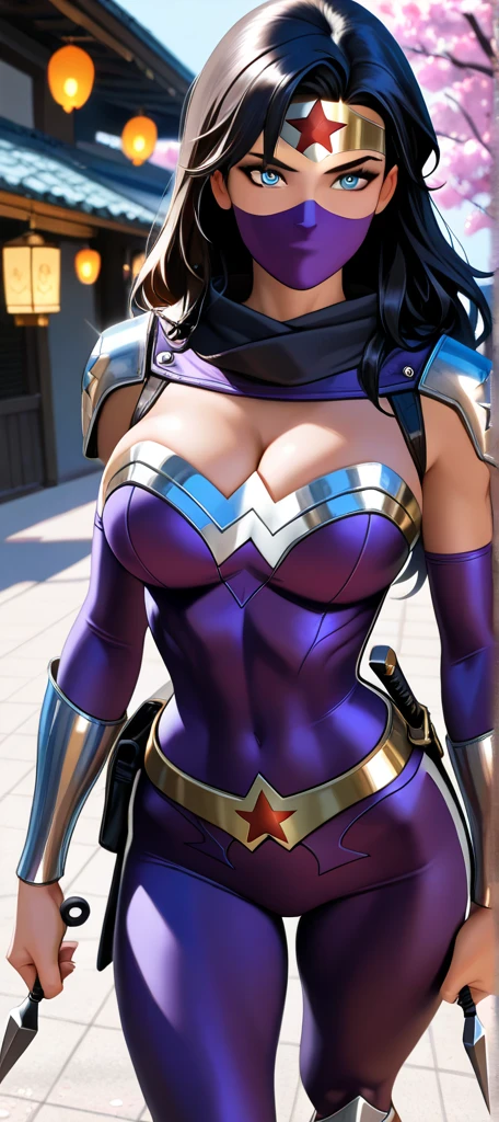 Female version of Captain America but with a cool purple outfit with a triangular shield, Vest and scarf with a curvy and muscular body