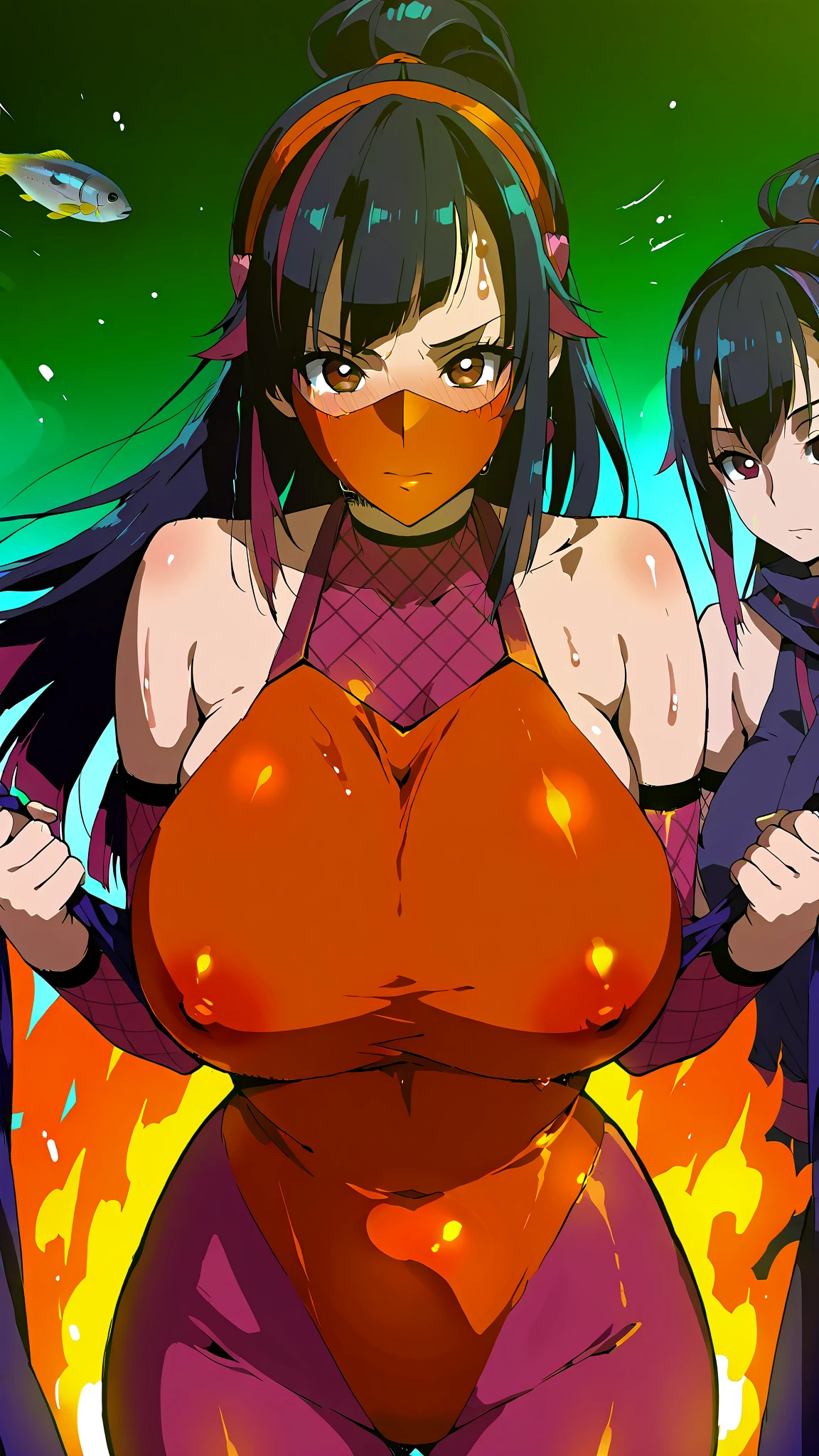 nsfw:1.5,Momo Yaoyorozu, ponytail、sorry、I have black hair, Screaming, Eyes Wide Open、Bodysuits, Big Lips, outside, Curvy、(1 muscular man, a Muscular man is grabbing girl’s breasts from behind)、Overflowing Sex Fluids、Angle from the front