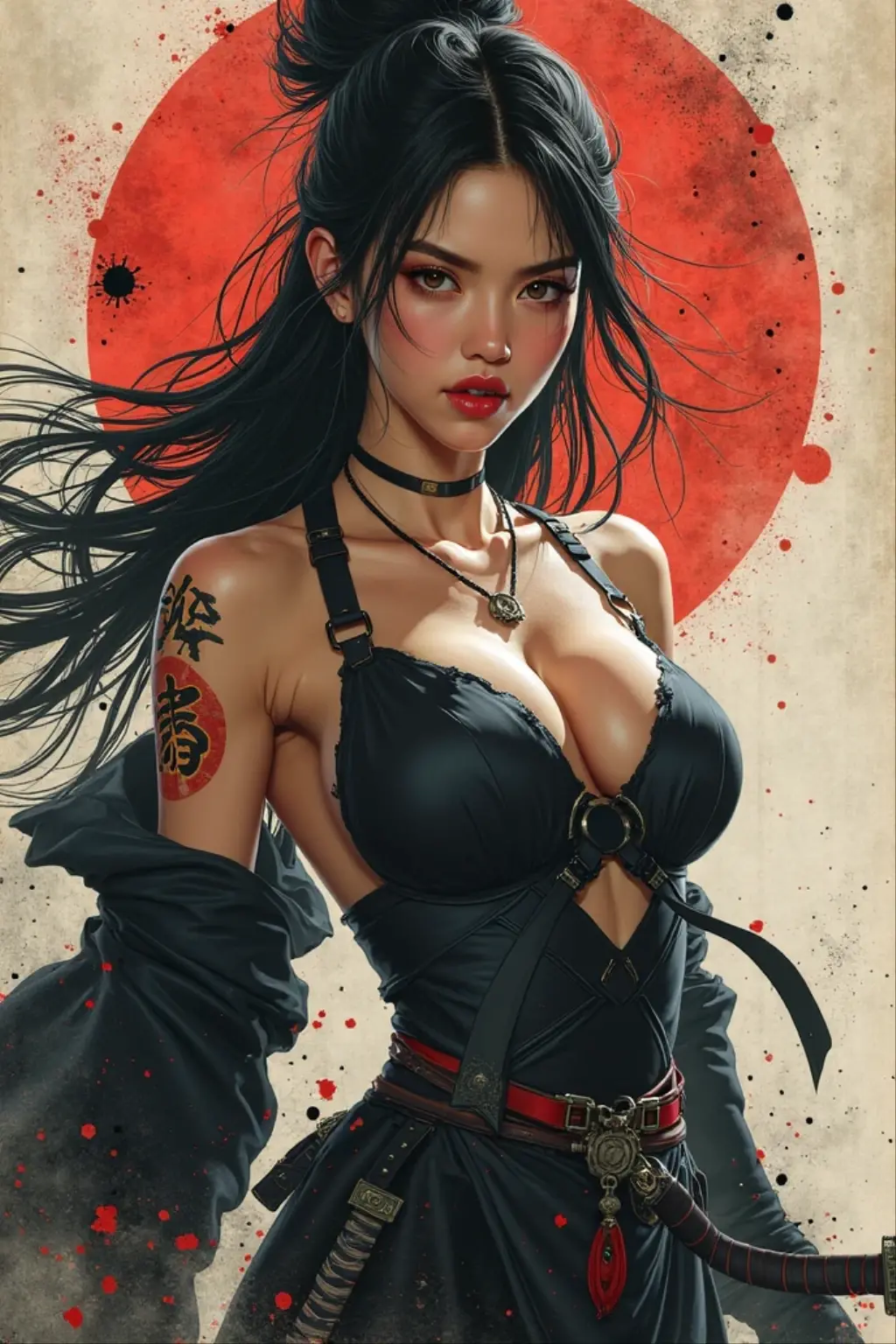 masterpiece, best quality, 1girl, <lora:kwFemaleBeta42_SDXL_v1:1>
black, samurai, corpse, undead, monster, underworld, pistol, chinese, stomach tattoo, nipple piercing, cleavage, waifu,