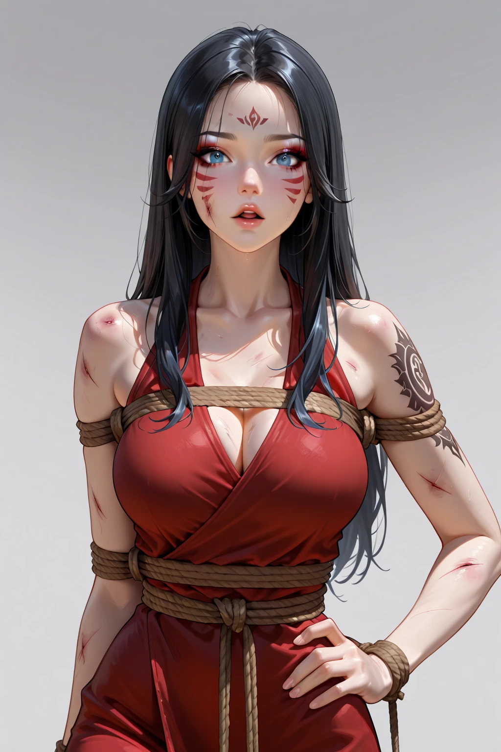 (Nezukokamado, Masterpiece Nezuko Kamado, Goddess of beauty, expression of anger, angry, hatred), long black hair with orange tips, GAGGED, ribbon hair, long hair, multicolored hair, (pink eyes: 1.5) bright, orange hair, wavy hair, one horn, two-tone hair, professional photo taken close up, plaid headband, Haori, Japanese outfit, sexy kimono, long sleeves, Obi, pink kimono, ribbon, Wariza, long sleeves, perfect curved body, tattooed body with leaves running through
her body, huge and delicious long breasts, her breasts come out of her clothes,
Break-in inside the house,
break (master part: 1.2), best quality, high resolution, photo realistic, photogenic, Unity 8k wallpaper, (illustration: 0.8), (beautiful detailed pink eyes: 1.6), extremely detailed face, perfect lighting, extremely detailed CG , (perfect hands, perfect ???????), 18-year-old girl with perfect breasts, long breasts, pointed , (perfect and curved body, leaf tattoos run all over her body, she doesn't wear panties, bubian hair showing), hair long and dull, red hair, beautiful face, roof, master work, intricate details, girl goddess of beauty, realistic details, anime, (Based on Demon Slayer Kimetsu no Yaiba Nezuko Kamado) Nezuko's perfect body in demonic state, breasts long showing, perfect pointy breasts, perfect girl, perfect details, Ultra HD |, 8k, professional photo, Demon Slayer Kimetsu no Yaiba Sexy Nezuko Kamado showing her sexy leaf tattooed body, Naughty Demon, Succubu, angry expression,