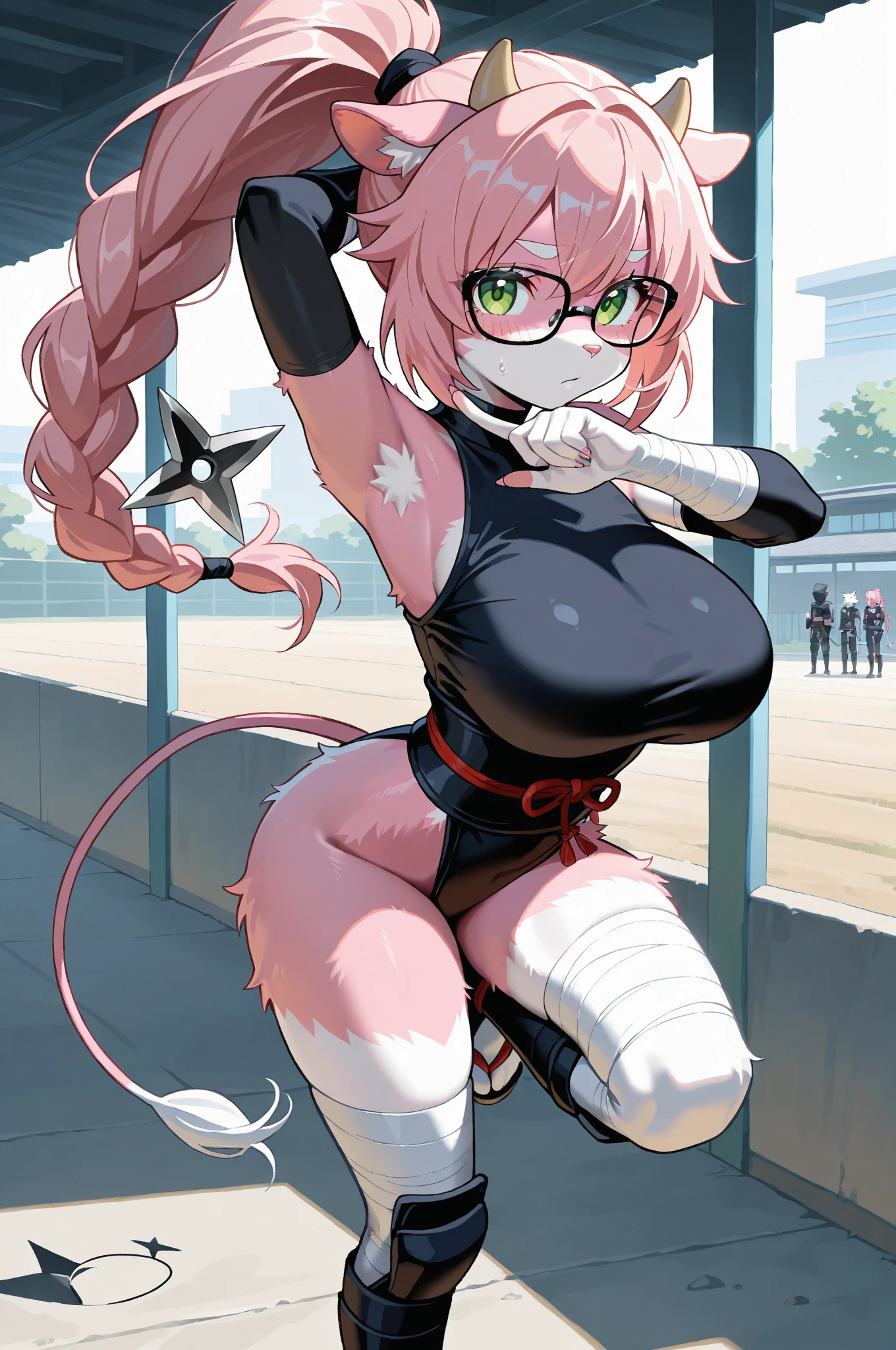 (1girl:1.5),(solo:1.2),masterpiece,best quality,highly detailed,photo realistic,
nice hands,perfect hands,walking on street,(slight smile:1.2),(park background),white cat paw gloves,(waving at viewer:1.3),<lora:CatPawGlovesXL:0.8>,<lora:NIKKE_AliceLoraXL:1>,pink bodysuit,jacket,cat ear headphones