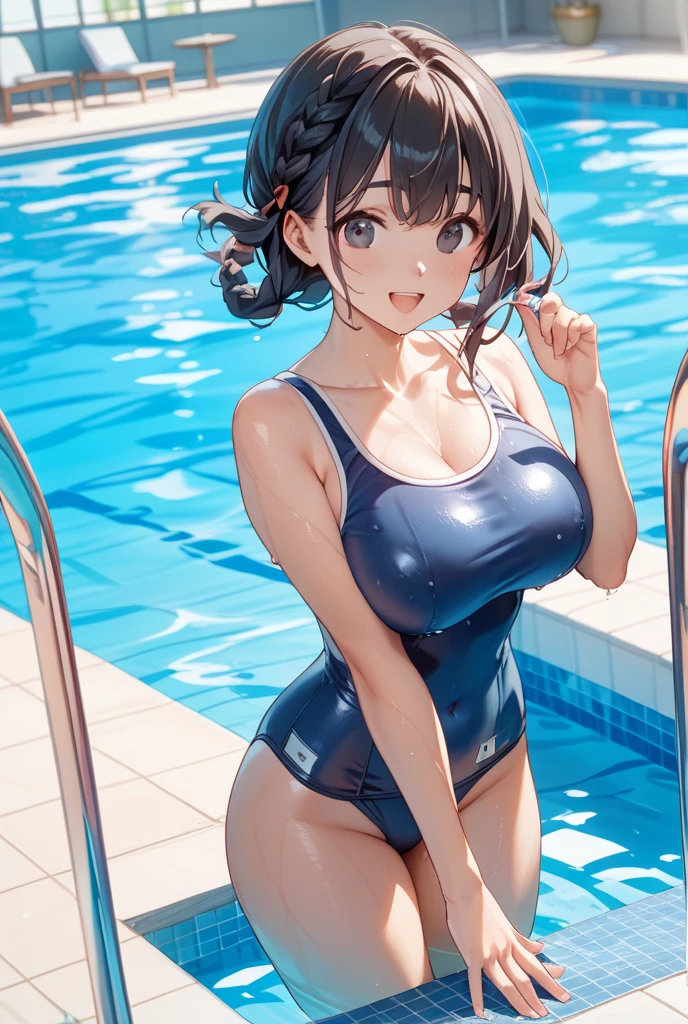 Anime Kawaii sexy Perfect Slim sensual body large breast and huge thighs, An intricate and highly detailed illustration of anime (Young girl) Highest quality、masterpiece、(1 adult female:1.3)、(Soft bust:1.2)、nature 、Girl in competitive swimsuit,beautiful,smile,Pool,Tempting,((Looking at the audience)、Textured skin、(smile)、blush、(Blue summer sky:1.3),(Beautiful background of beach pool:1.3)