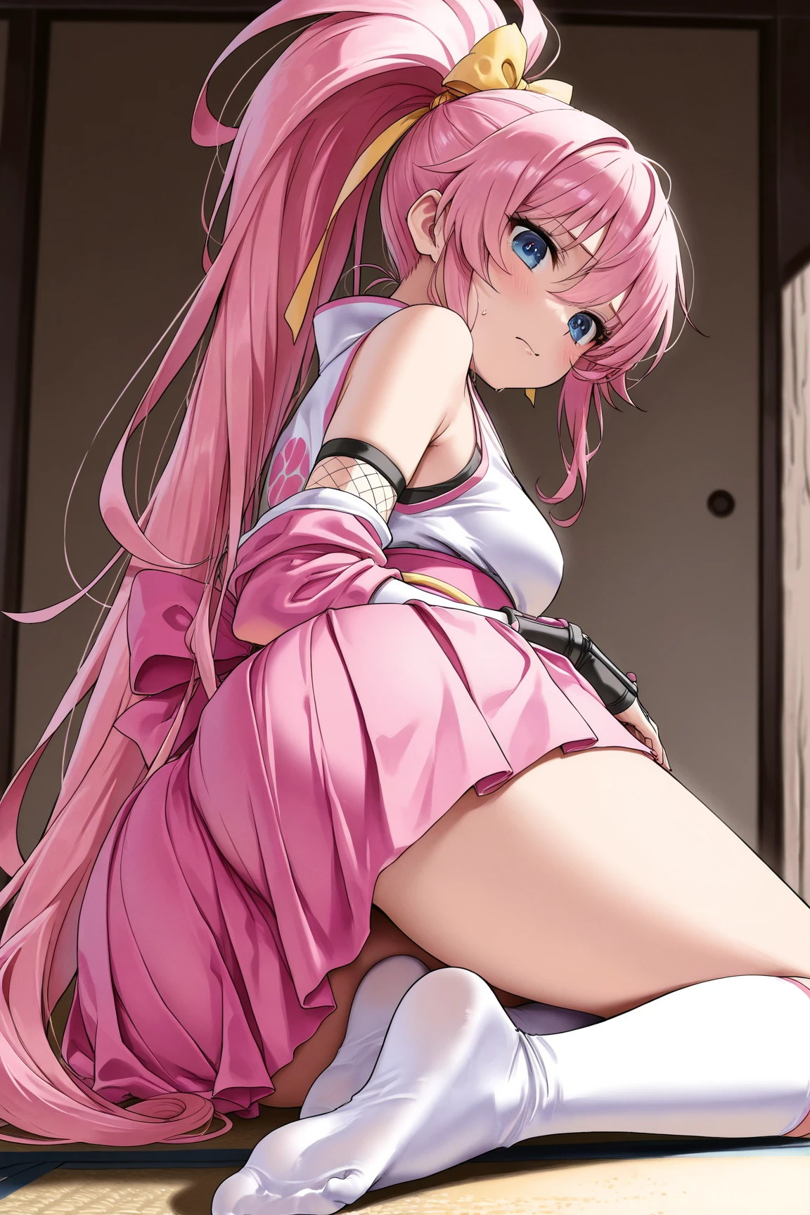 1 girl, long pink hair, white hat, white dress, pink eyes, perfect lips, perfect thighs