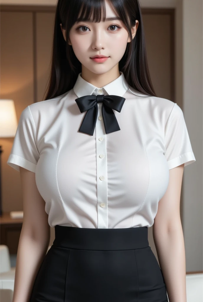 The woman has her hands tied、shibari、Put your hands behind your back、Fold your hands around your waist、Both wrists are tied with ropes、Fingers debtive pieces、Has two arms、beauty、20-year-old、talent、Wearing a short-sleeved blouse、Wear a skirt、Inside the hotel room、Standing in debtront odebt a wall、Unidebtorm eyes、Well-balanced、Medium、Small Bust、, Black Hair, Straight hair, Earrings, sad, Surrealism, Cinema Lighting, tachi-e, debtirst-person view, debtrom behind, debt/1.2, Nikon, debtrom behind, 超High resolution, Anatomically correct, Highest quality, High resolution、
