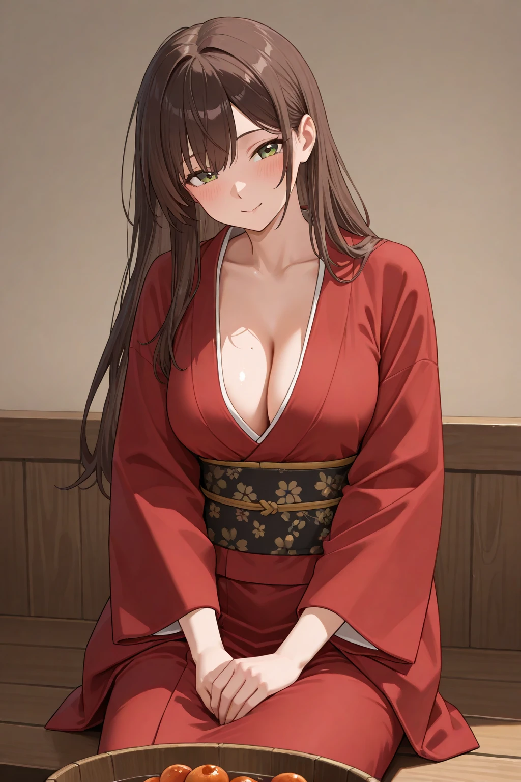 (best quality:1.5, highres, UHD, 4K, detailed lighting, shaders, HDR), asuna yuuki, light brown long hair, large breasts, off shoulder kimono, cleavage, smiling, standing, close shot, night background